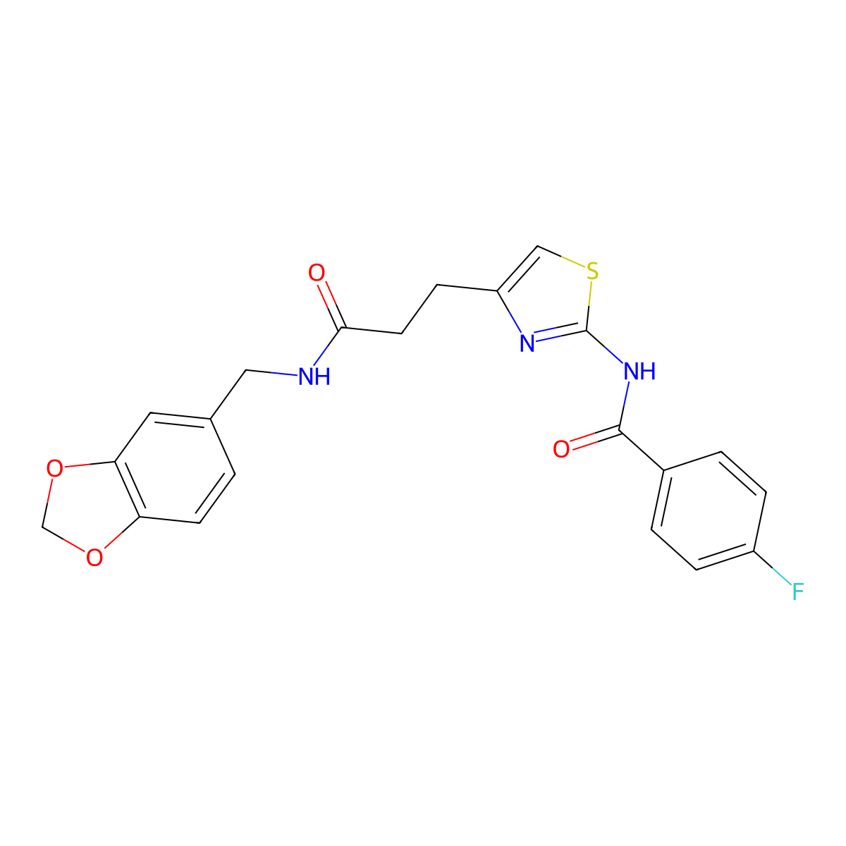 N-(4-(3-((benzo[d][1,3]dioxol-5-ylmethyl)amino)-3-oxopropyl)thiazol-2-yl)-4-fluorobenzamide molecular structure, CAS 1021265-85-9