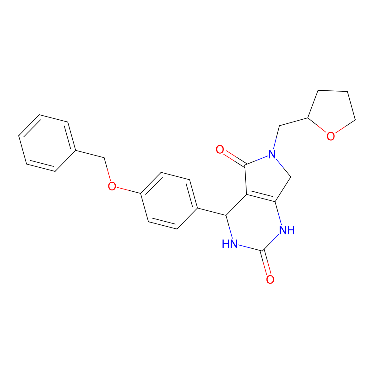 4-(4-(benzyloxy)phenyl)-6-((tetrahydrofuran-2-yl)methyl)-3,4,6,7-tetrahydro-1H-pyrrolo[3,4-d]pyrimidine-2,5-dione molecular structure, CAS 1021265-86-0