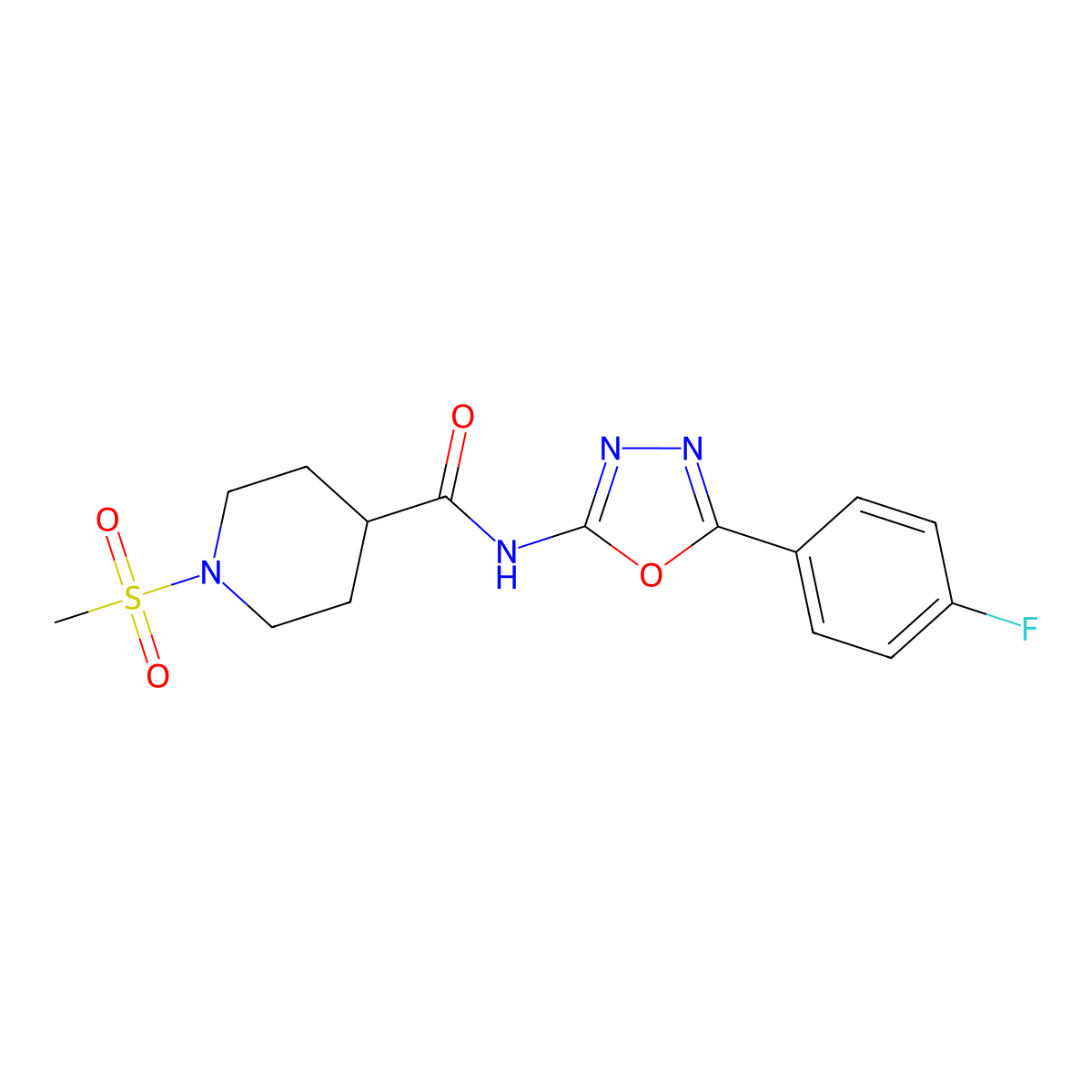 N-[5-(4-fluorophenyl)-1,3,4-oxadiazol-2-yl]-1-methanesulfonylpiperidine-4-carboxamide molecular structure, CAS 1021265-90-6