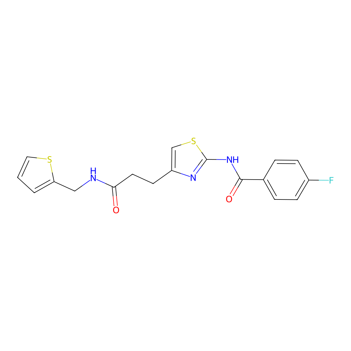 4-fluoro-N-(4-(3-oxo-3-((thiophen-2-ylmethyl)amino)propyl)thiazol-2-yl)benzamide molecular structure, CAS 1021265-91-7