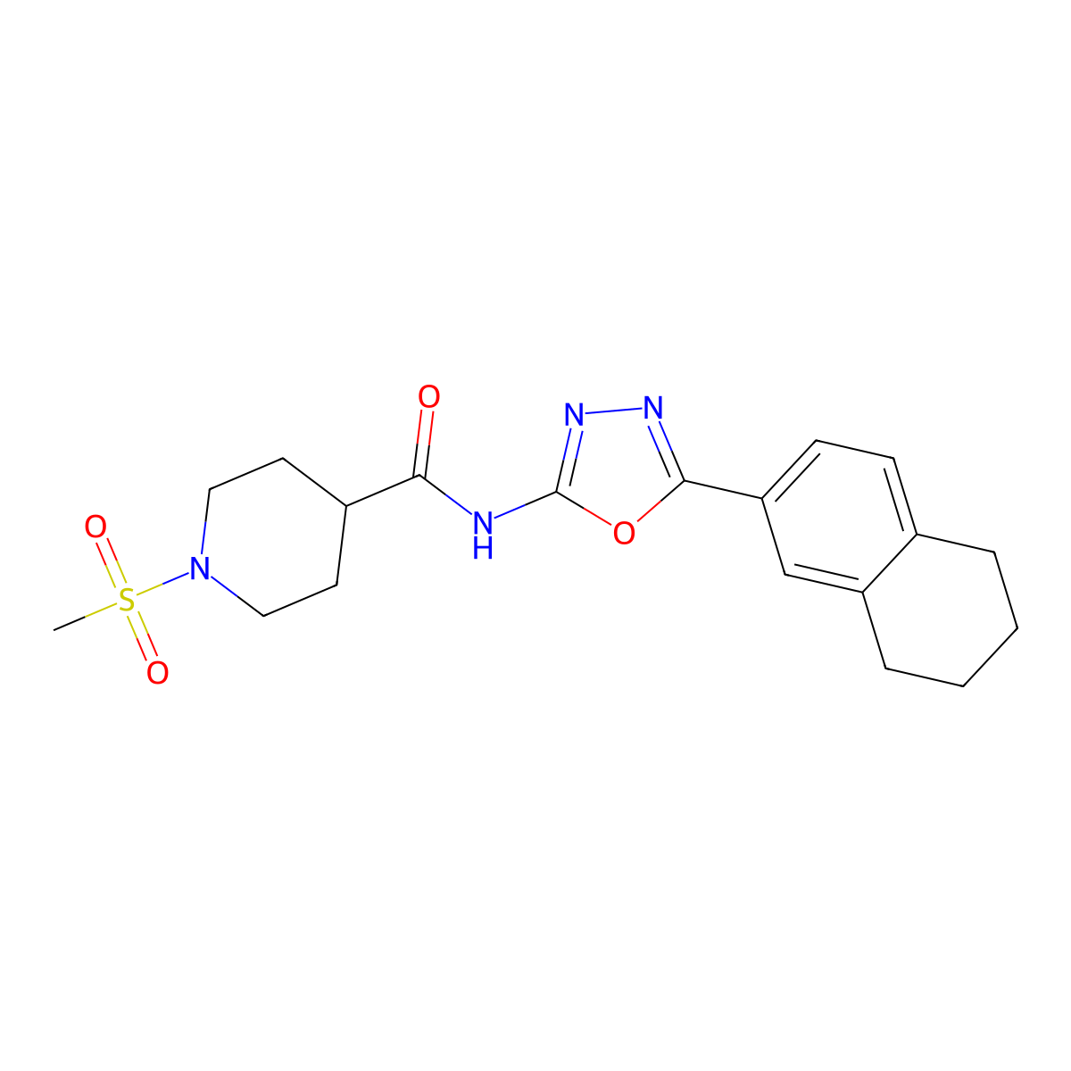 1-methanesulfonyl-N-[5-(5,6,7,8-tetrahydronaphthalen-2-yl)-1,3,4-oxadiazol-2-yl]piperidine-4-carboxamide molecular structure, CAS 1021265-99-5