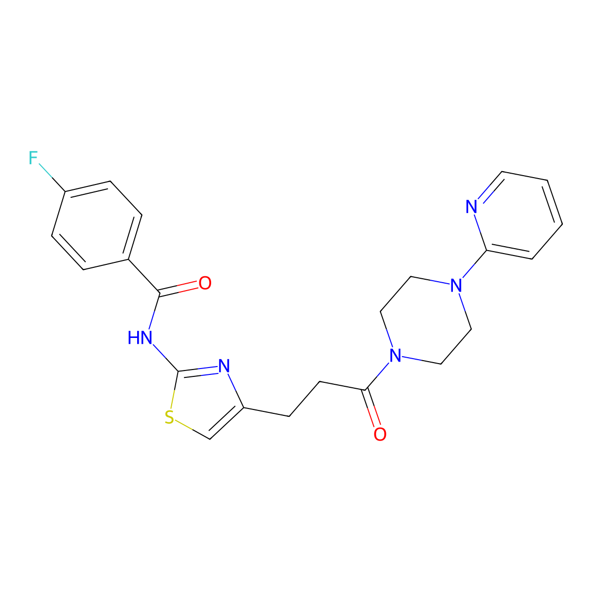 4-fluoro-N-(4-(3-oxo-3-(4-(pyridin-2-yl)piperazin-1-yl)propyl)thiazol-2-yl)benzamide molecular structure, CAS 1021266-02-3