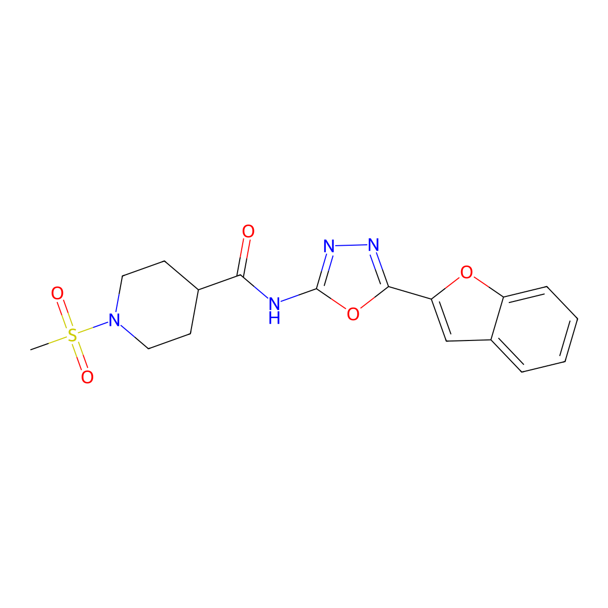 N-[5-(1-benzofuran-2-yl)-1,3,4-oxadiazol-2-yl]-1-methanesulfonylpiperidine-4-carboxamide molecular structure, CAS 1021266-08-9