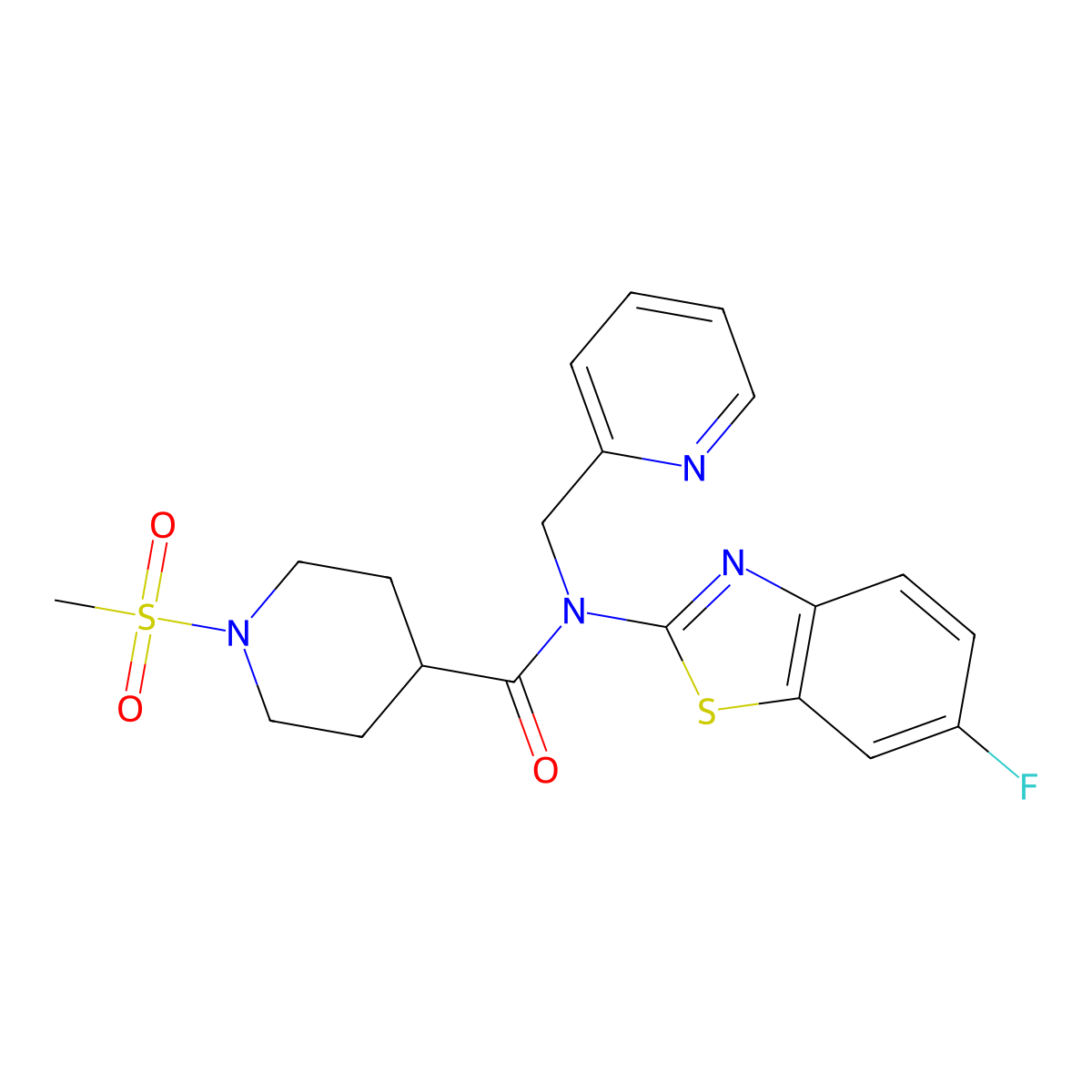 N-(6-fluorobenzo[d]thiazol-2-yl)-1-(methylsulfonyl)-N-(pyridin-2-ylmethyl)piperidine-4-carboxamide molecular structure, CAS 1021266-09-0