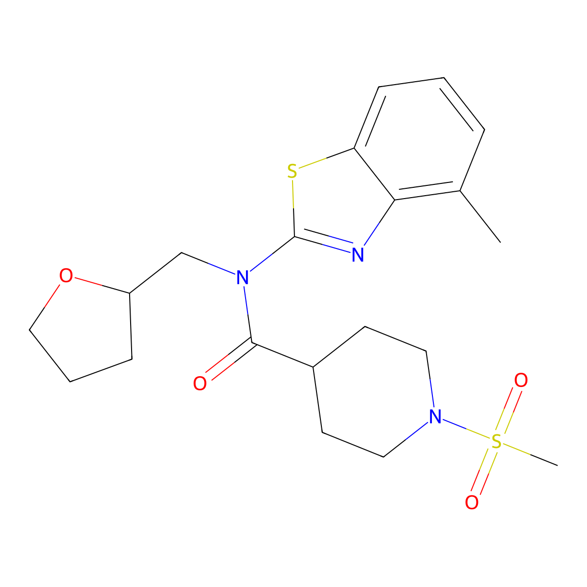 N-(4-methylbenzo[d]thiazol-2-yl)-1-(methylsulfonyl)-N-((tetrahydrofuran-2-yl)methyl)piperidine-4-carboxamide molecular structure, CAS 1021266-11-4