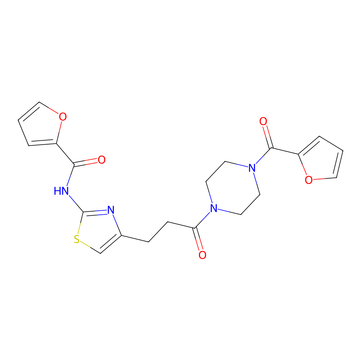 N-(4-(3-(4-(furan-2-carbonyl)piperazin-1-yl)-3-oxopropyl)thiazol-2-yl)furan-2-carboxamide molecular structure, CAS 1021266-26-1
