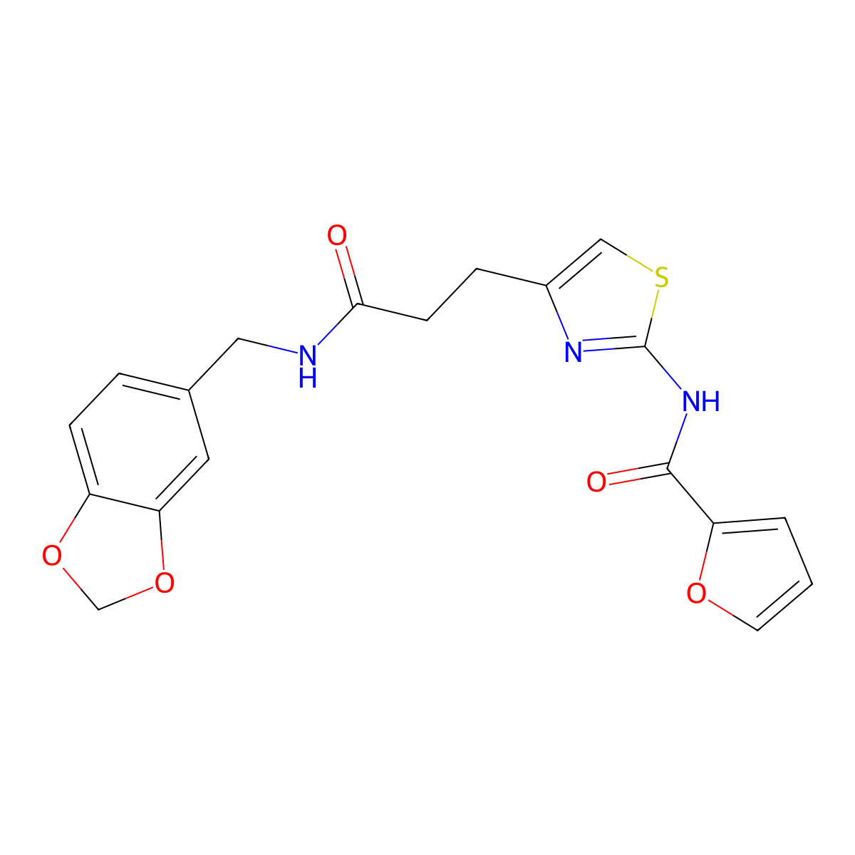 N-(4-(3-((benzo[d][1,3]dioxol-5-ylmethyl)amino)-3-oxopropyl)thiazol-2-yl)furan-2-carboxamide molecular structure, CAS 1021266-30-7