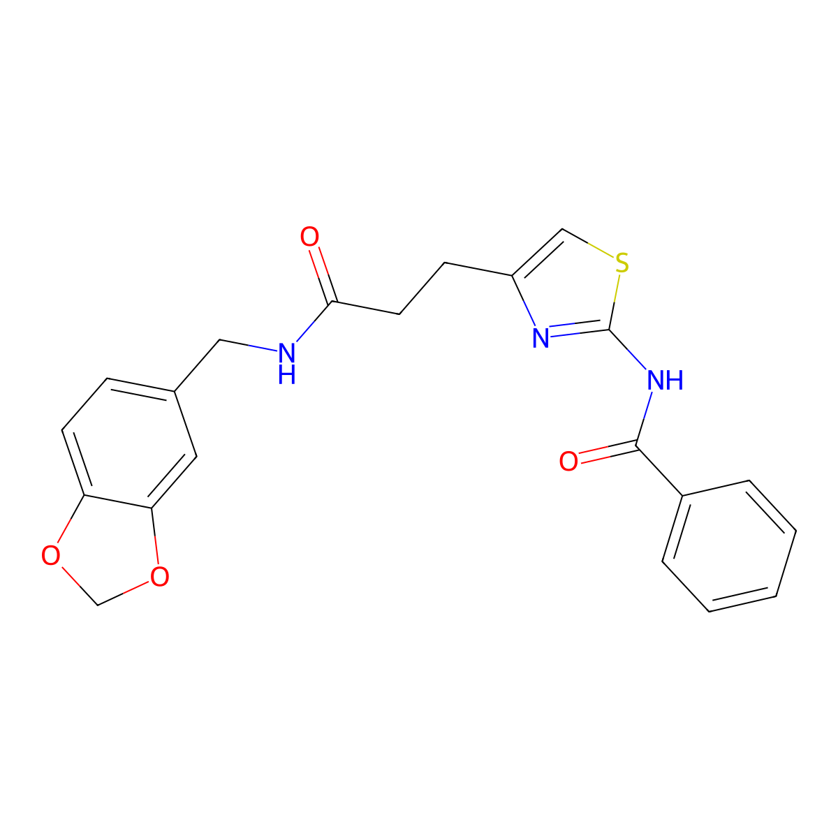 N-(4-(3-((benzo[d][1,3]dioxol-5-ylmethyl)amino)-3-oxopropyl)thiazol-2-yl)benzamide molecular structure, CAS 1021266-58-9