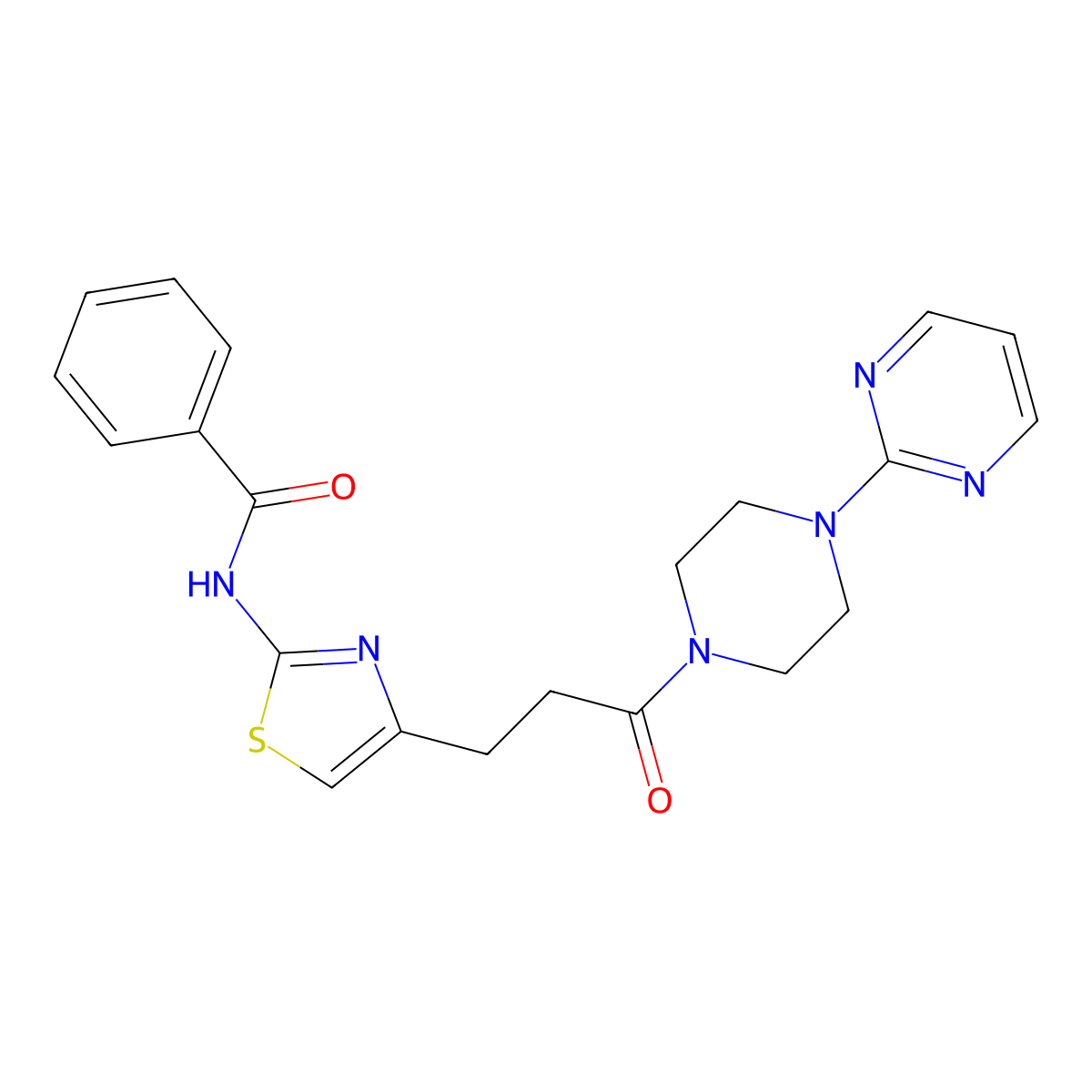 N-(4-(3-oxo-3-(4-(pyrimidin-2-yl)piperazin-1-yl)propyl)thiazol-2-yl)benzamide molecular structure, CAS 1021266-70-5