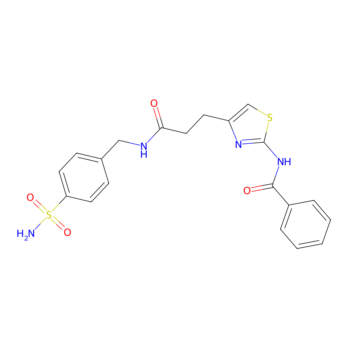 N-(4-(3-oxo-3-((4-sulfamoylbenzyl)amino)propyl)thiazol-2-yl)benzamide molecular structure, CAS 1021266-73-8