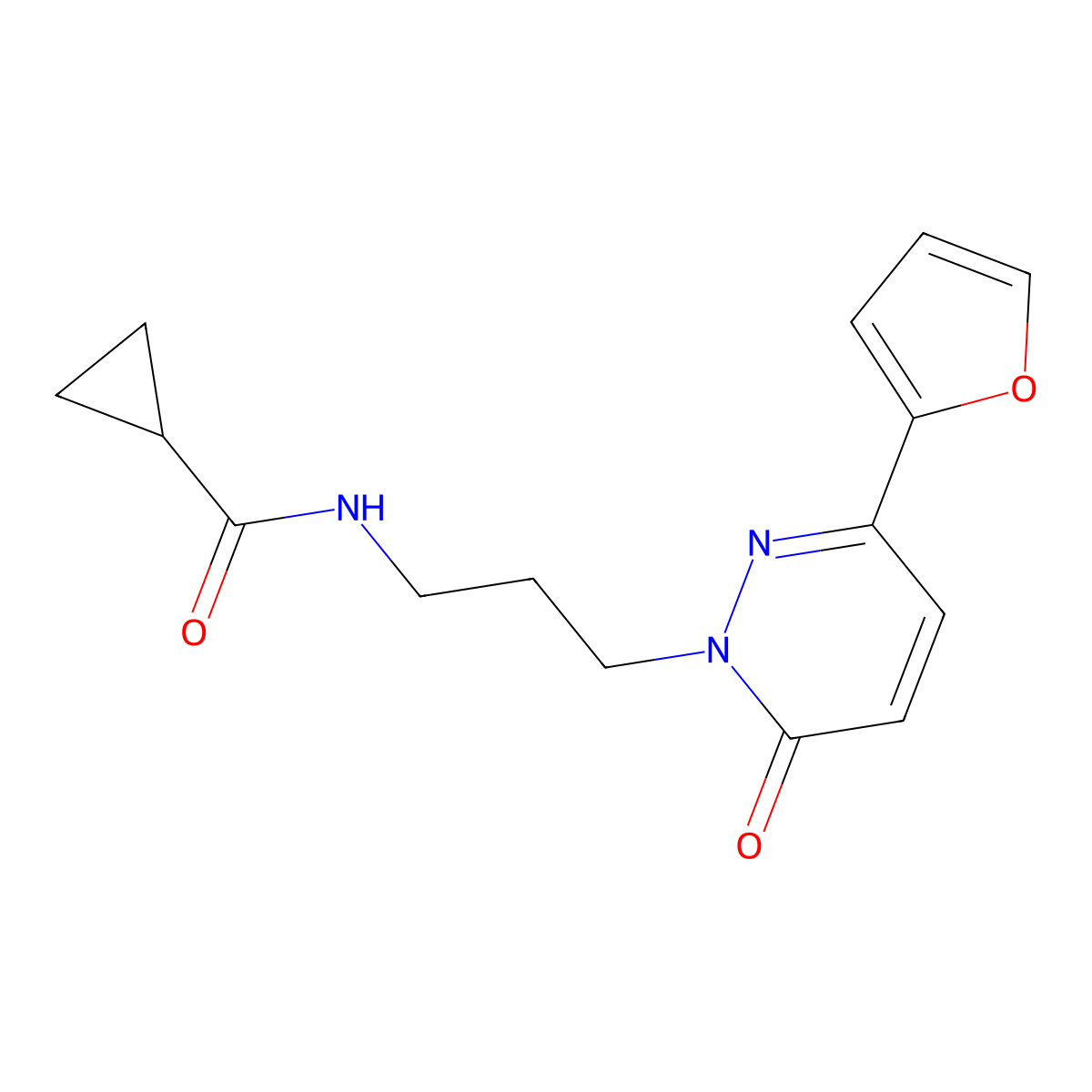 N-{3-[3-(furan-2-yl)-6-oxo-1,6-dihydropyridazin-1-yl]propyl}cyclopropanecarboxamide molecular structure, CAS 1021266-76-1