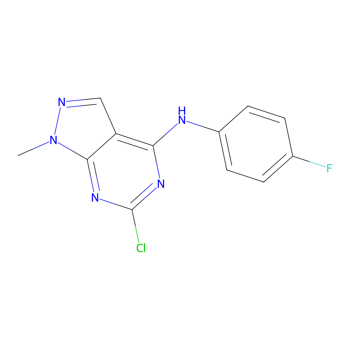 6-chloro-N-(4-fluorophenyl)-1-methyl-1H-pyrazolo[3,4-d]pyrimidin-4-amine molecular structure, CAS 1021268-94-9