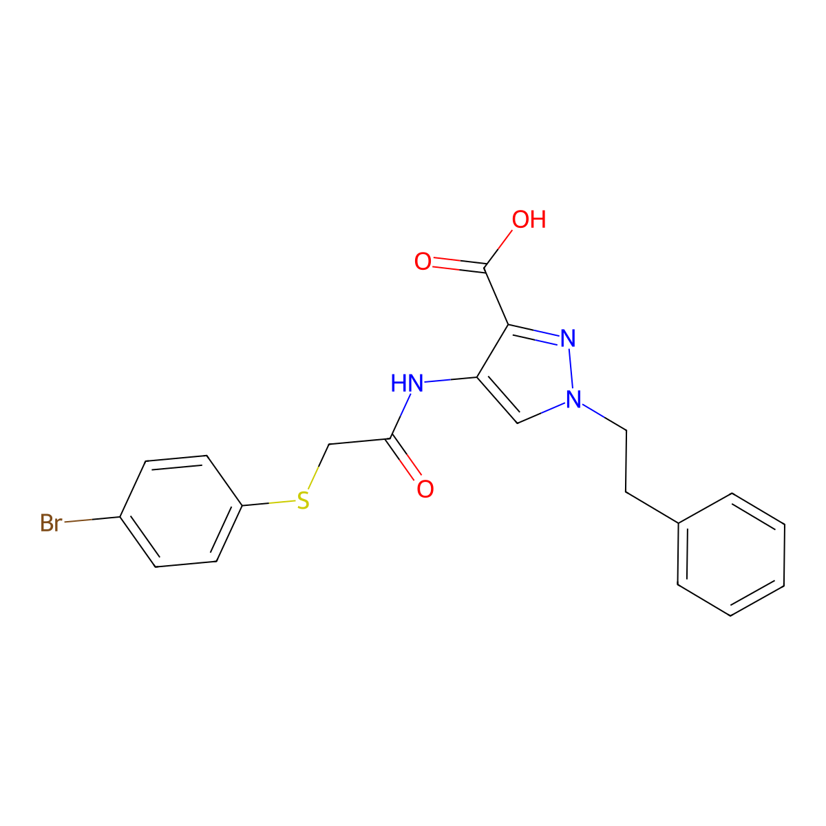 4-[[2-[(4-Bromophenyl)thio]acetyl]amino]-1-(2-phenylethyl)-1H-pyrazole-3-carboxylic acid molecular structure, CAS 1021497-97-1