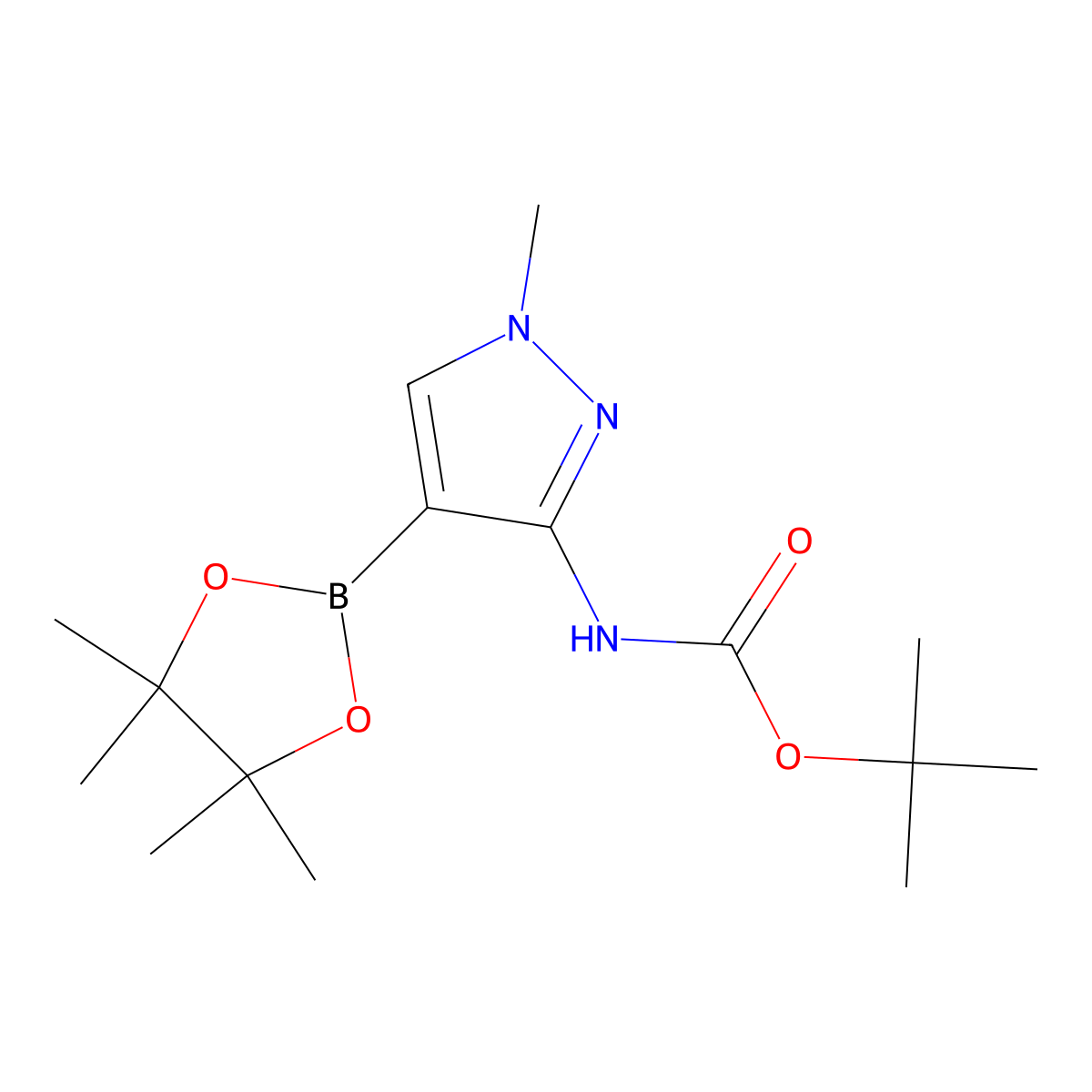 tert-butyl N-(1-methyl-4-(tetramethyl-1,3,2-dioxaborolan-2-yl)-1H-pyrazol-3-yl)carbamate molecular structure, CAS 1021735-84-1