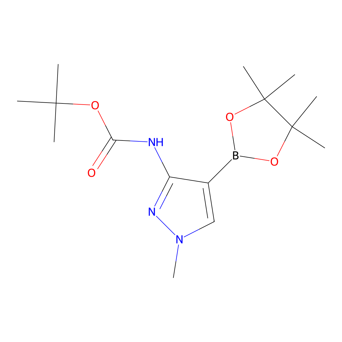 tert-butyl N-(1-methyl-4-(tetramethyl-1,3,2-dioxaborolan-2-yl)-1H-pyrazol-3-yl)carbamate molecular structure, CAS 1021735-84-1