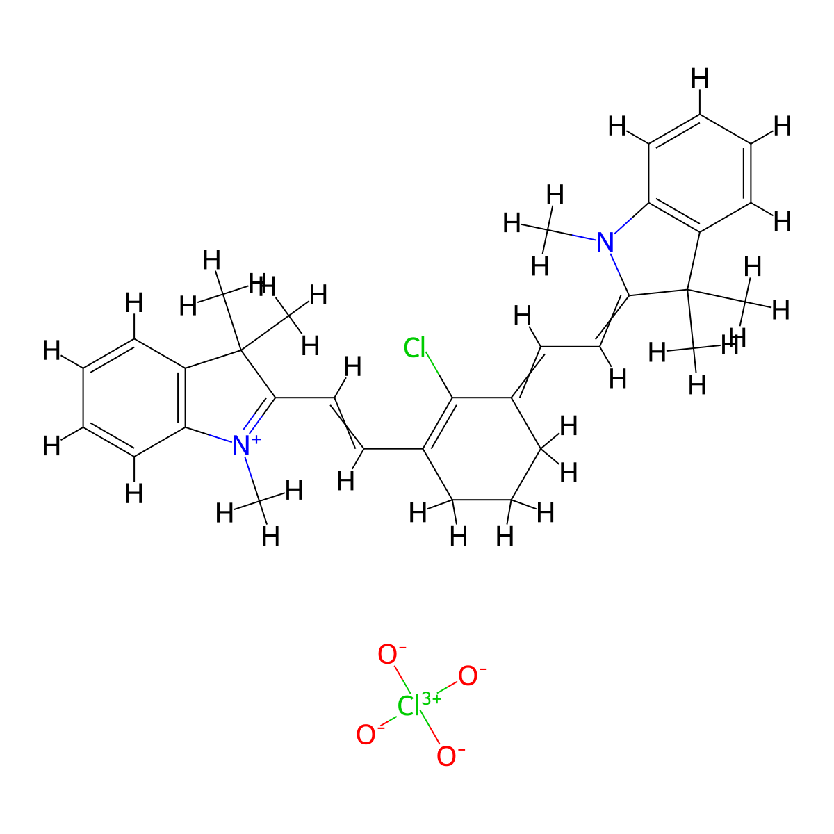 2-[2-[2-Chloro-3-[2-(1,3,3-trimethylindol-1-ium-2-yl)ethenyl]cyclohex-2-en-1-ylidene]ethylidene]-1,3,3-trimethylindole;perchlorate molecular structure, CAS 102185-03-5