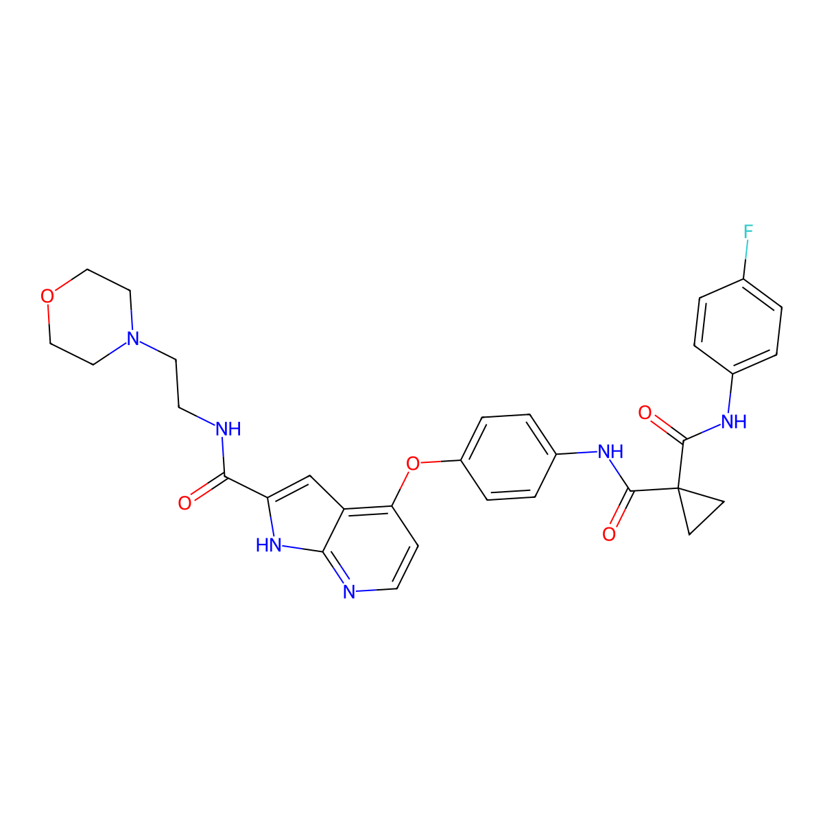 N~1~-(4-Fluorophenyl)-N'~1~-(4-((2-((2-(morpholin-4-yl)ethyl)carbamoyl)-1H-pyrrolo(2,3-b)pyridin-4-yl)oxy)phenyl)cyclopropane-1,1-dicarboxamide molecular structure, CAS 1021950-26-4