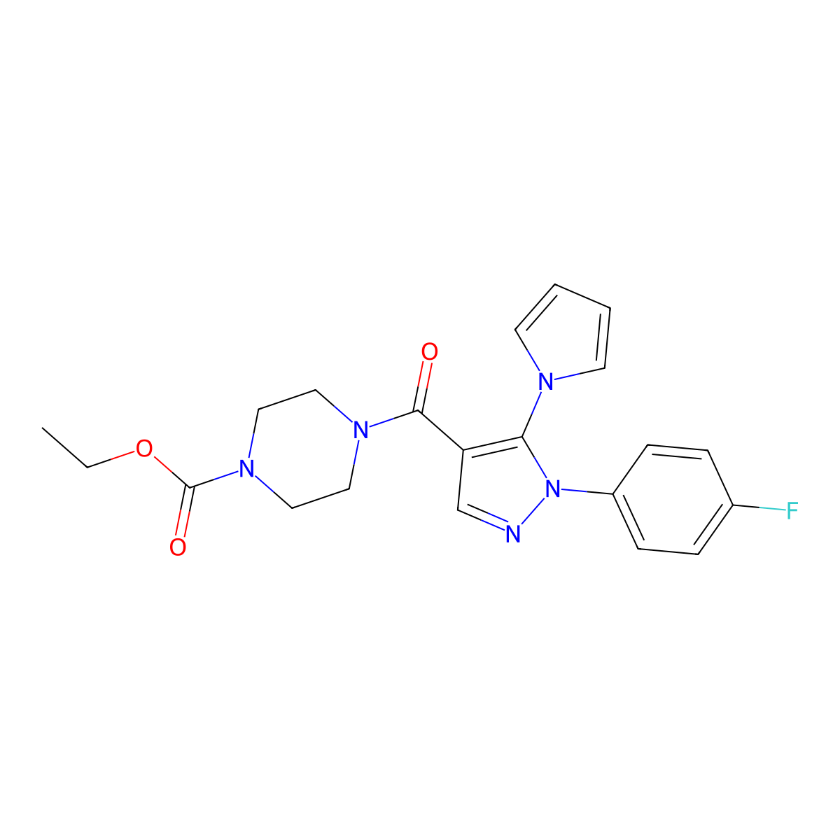 ethyl 4-{[1-(4-fluorophenyl)-5-(1H-pyrrol-1-yl)-1H-pyrazol-4-yl]carbonyl}piperazine-1-carboxylate molecular structure, CAS 1021960-07-5