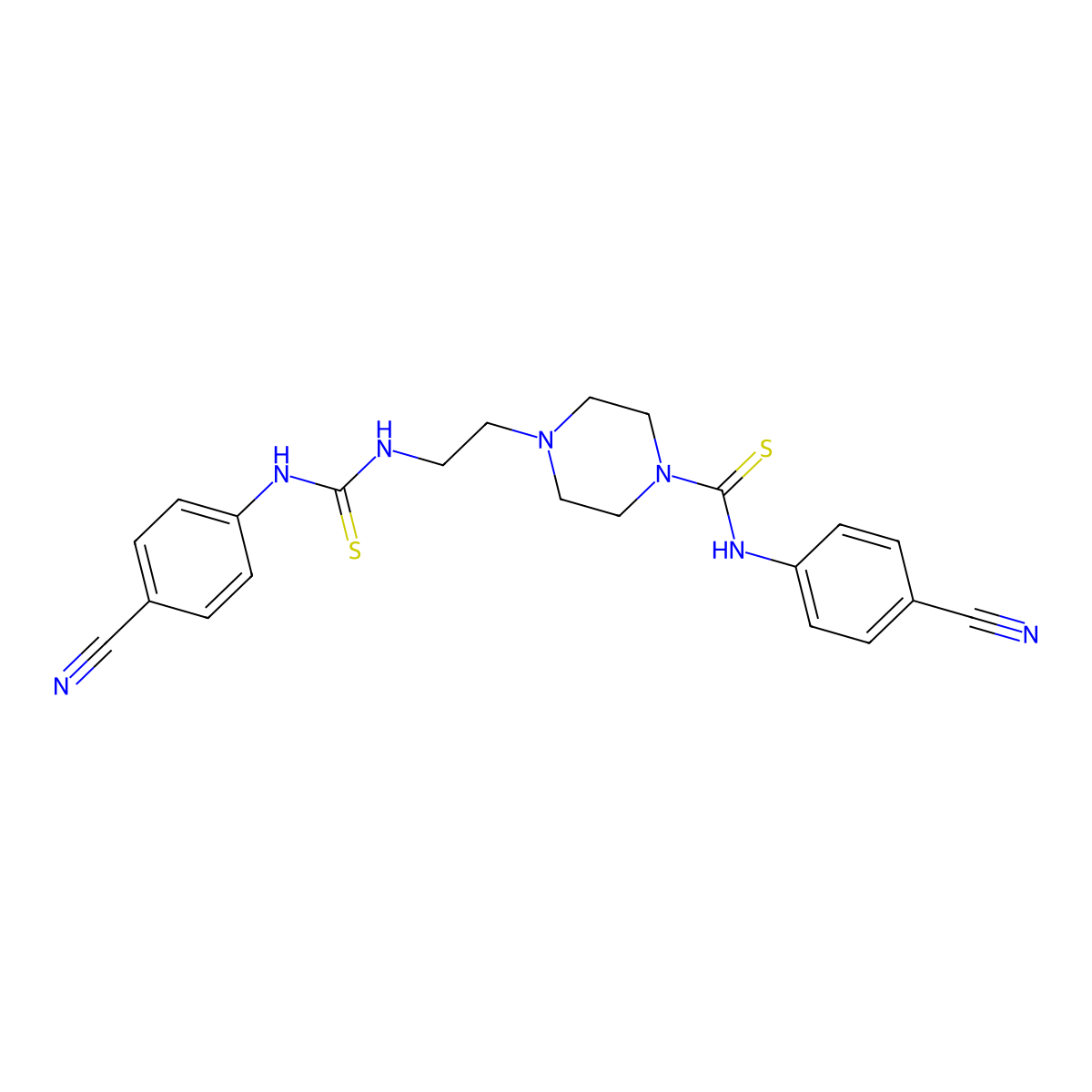 N-(4-cyanophenyl)-4-[2-[(4-cyanophenyl)carbamothioylamino]ethyl]piperazine-1-carbothioamide molecular structure, CAS 1022042-35-8