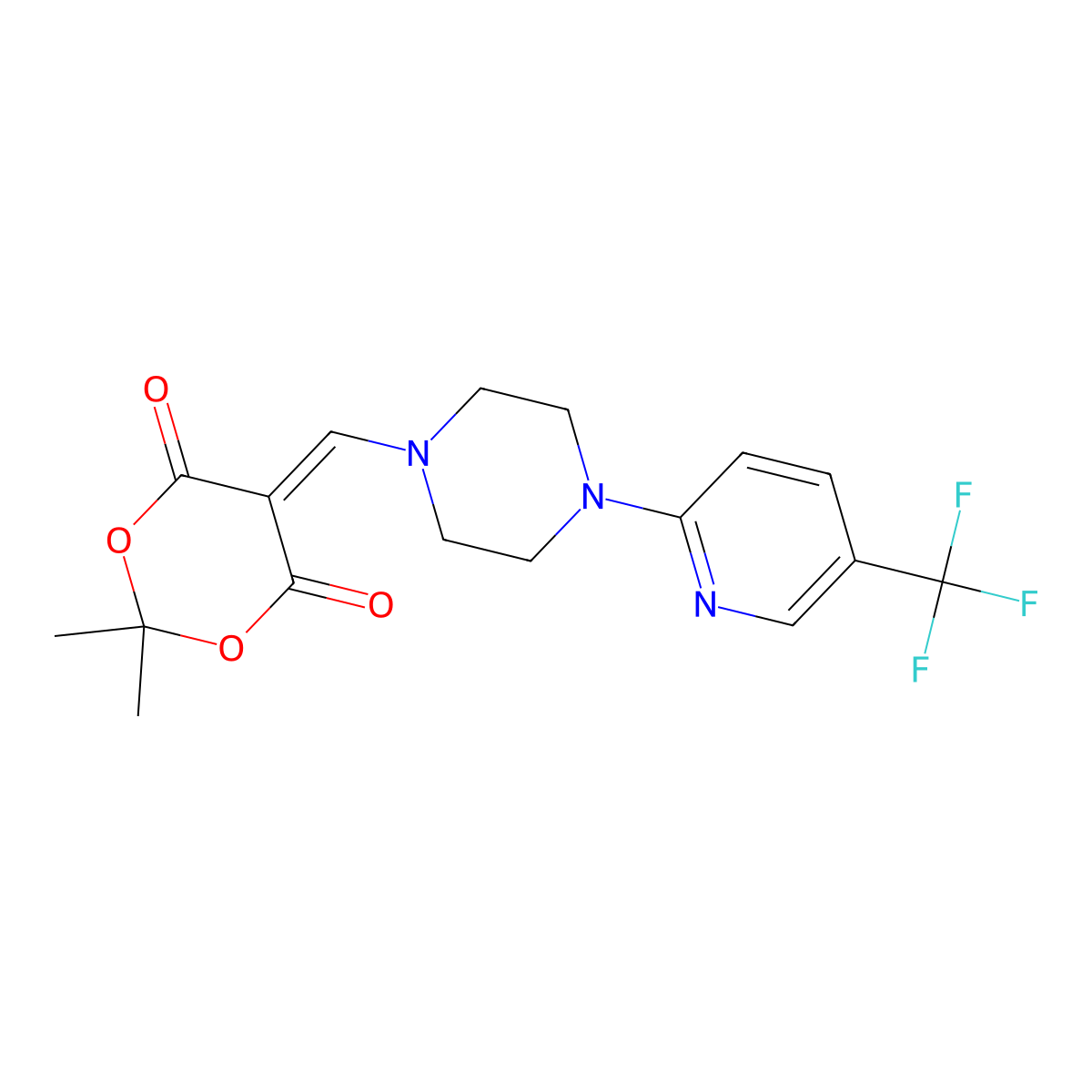 2,2-Dimethyl-5-({4-[5-(trifluoromethyl)pyridin-2-yl]piperazin-1-yl}methylidene)-1,3-dioxane-4,6-dione molecular structure, CAS 1022052-14-7