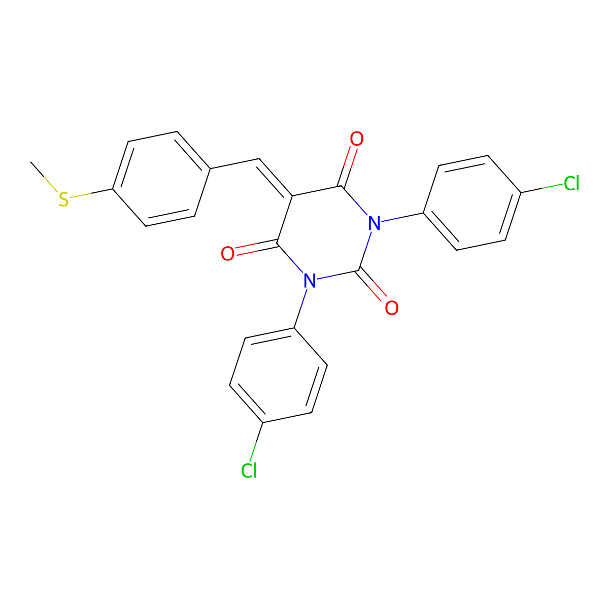 1,3-Bis(4-chlorophenyl)-5-[(4-methylsulfanylphenyl)methylidene]-1,3-diazinane-2,4,6-trione molecular structure, CAS 1022096-46-3