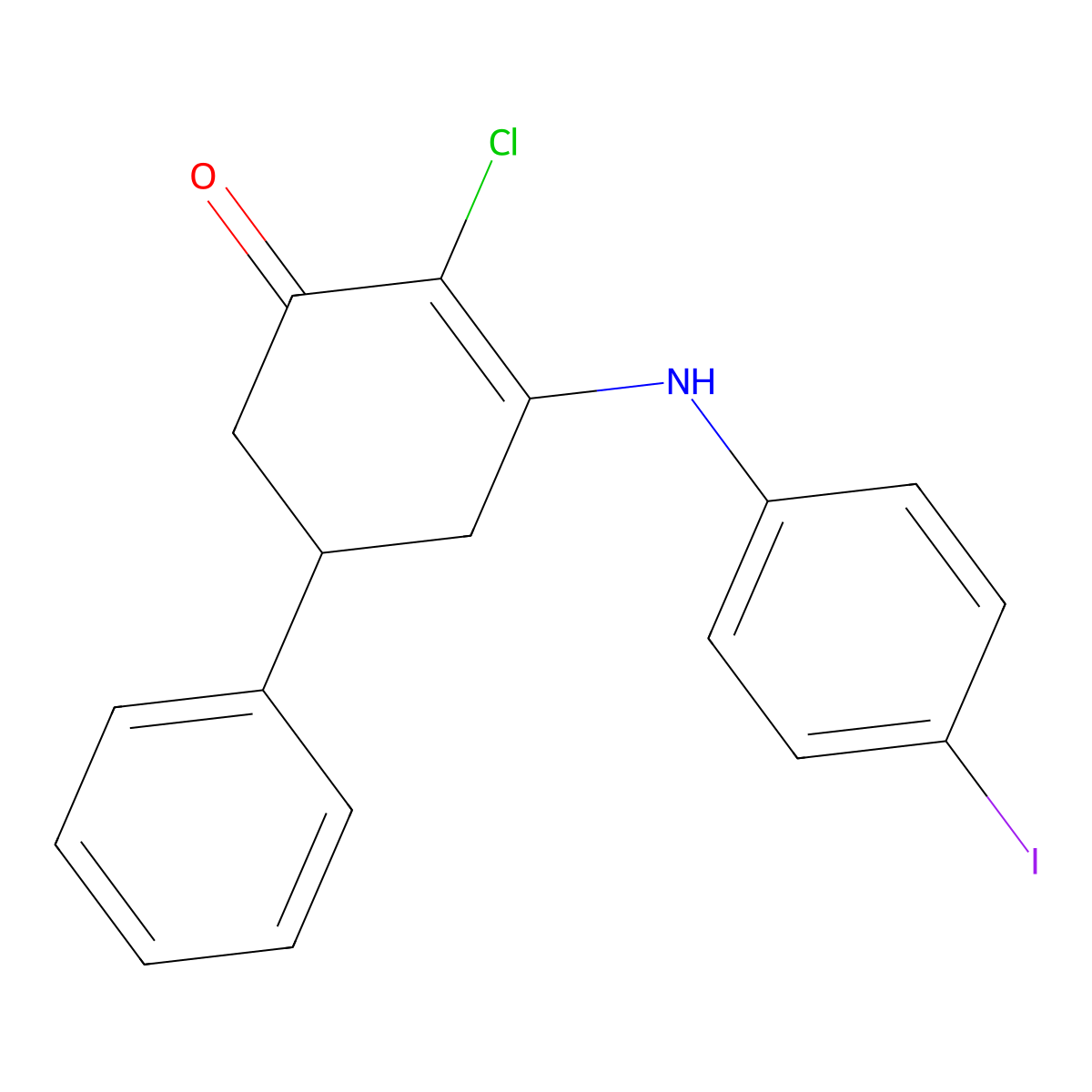 2-Chloro-3-[(4-iodophenyl)amino]-5-phenylcyclohex-2-en-1-one molecular structure, CAS 1022111-79-0