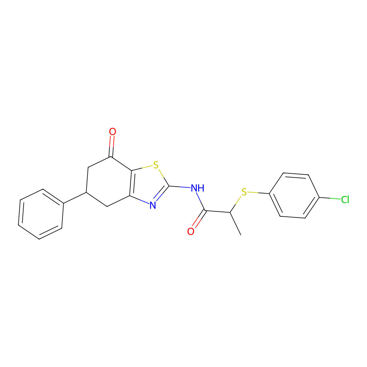 2-(4-chlorophenyl)sulfanyl-N-(7-oxo-5-phenyl-5,6-dihydro-4H-1,3-benzothiazol-2-yl)propanamide molecular structure, CAS 1022134-11-7