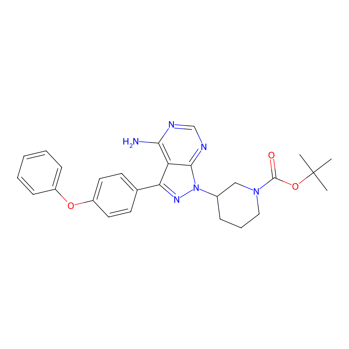 (R)-tert-Butyl 3-(4-amino-3-(4-phenoxyphenyl)-1H-pyrazolo[3,4-d]pyrimidin-1-yl)piperidine-1-carboxylate molecular structure, CAS 1022150-11-3