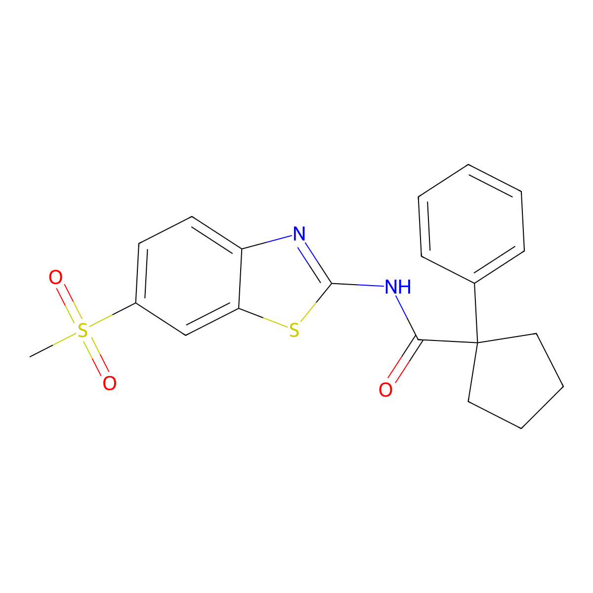 N-(6-methylsulfonyl-1,3-benzothiazol-2-yl)-1-phenylcyclopentane-1-carboxamide molecular structure, CAS 1022237-89-3