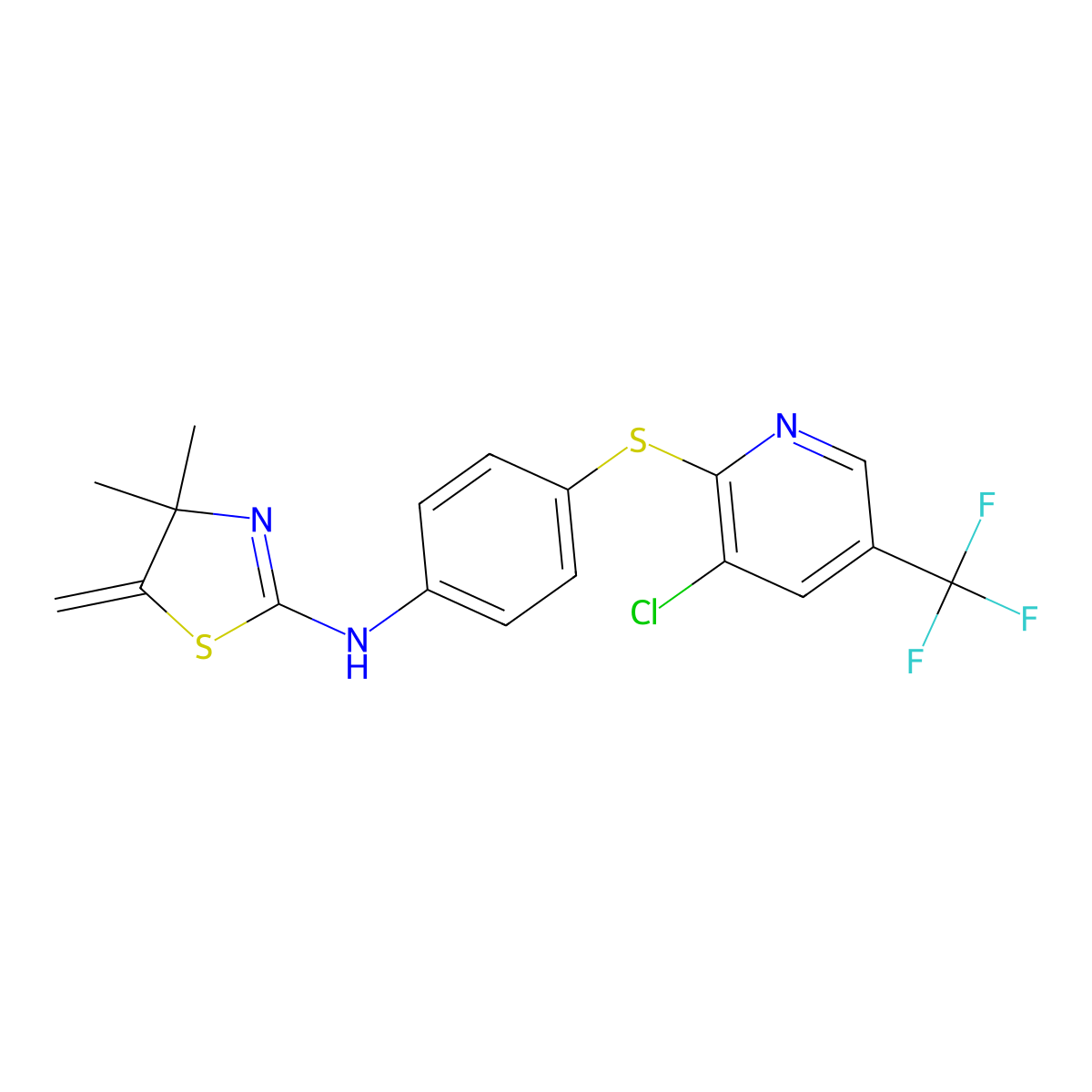 N-[4-[3-chloro-5-(trifluoromethyl)pyridin-2-yl]sulfanylphenyl]-4,4-dimethyl-5-methylidene-1,3-thiazol-2-amine molecular structure, CAS 1022256-84-3
