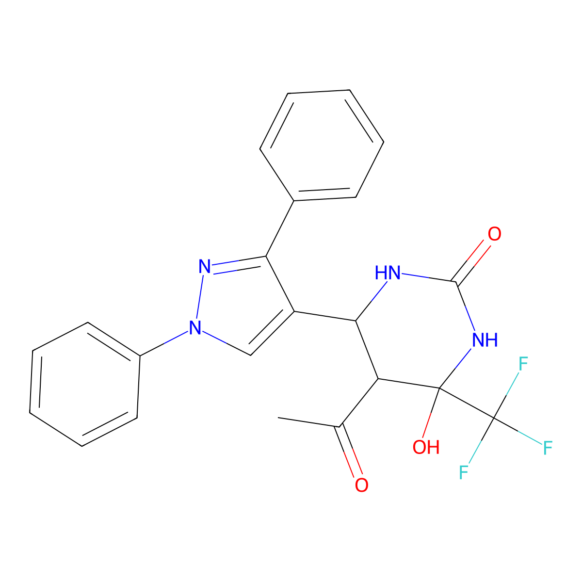 5-Acetyl-6-(1,3-diphenylpyrazol-4-yl)-4-hydroxy-4-(trifluoromethyl)-1,3-diazinan-2-one molecular structure, CAS 1022284-41-8