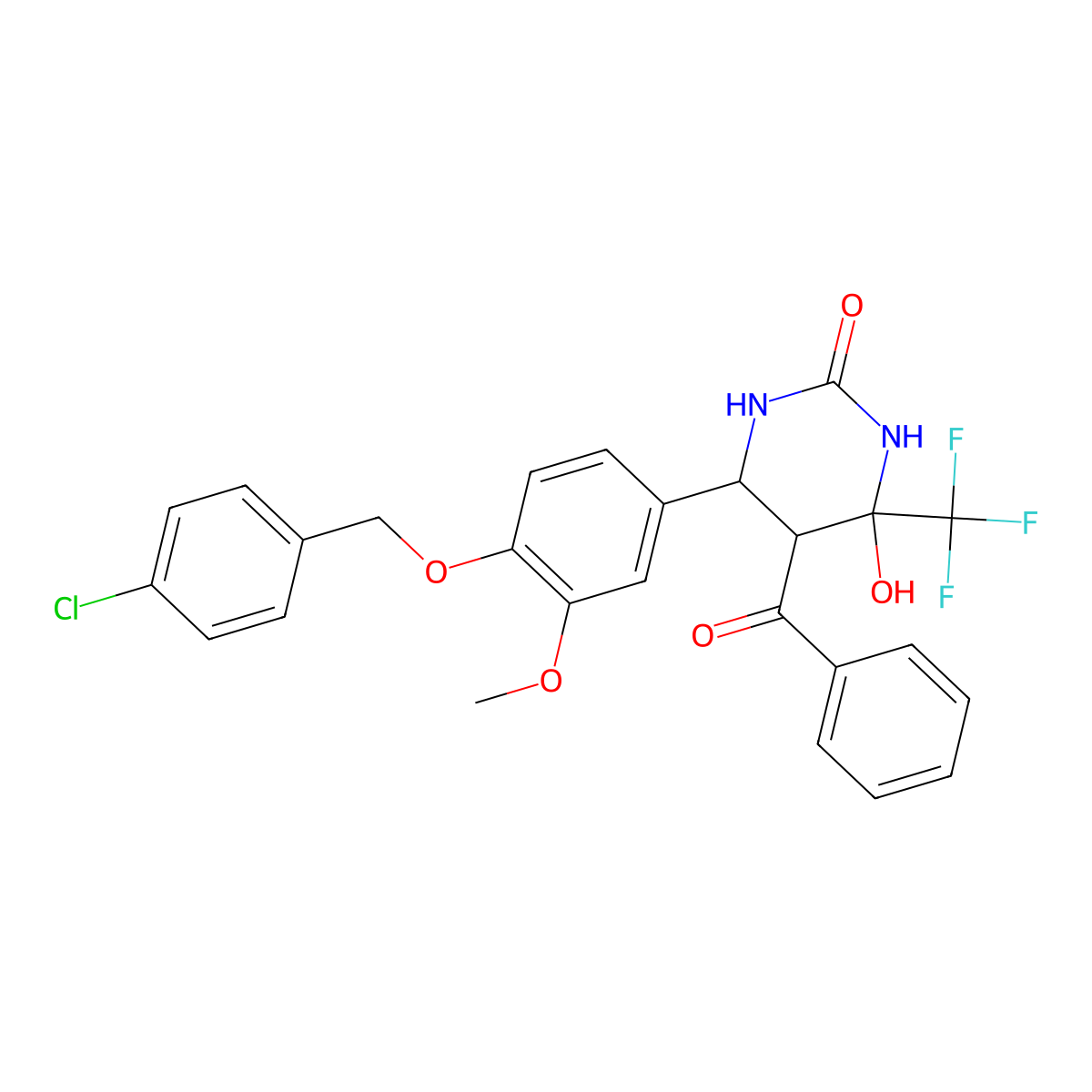 5-benzoyl-6-(4-((4-chlorobenzyl)oxy)-3-methoxyphenyl)-4-hydroxy-4-(trifluoromethyl)tetrahydropyrimidin-2(1H)-one molecular structure, CAS 1022359-51-8
