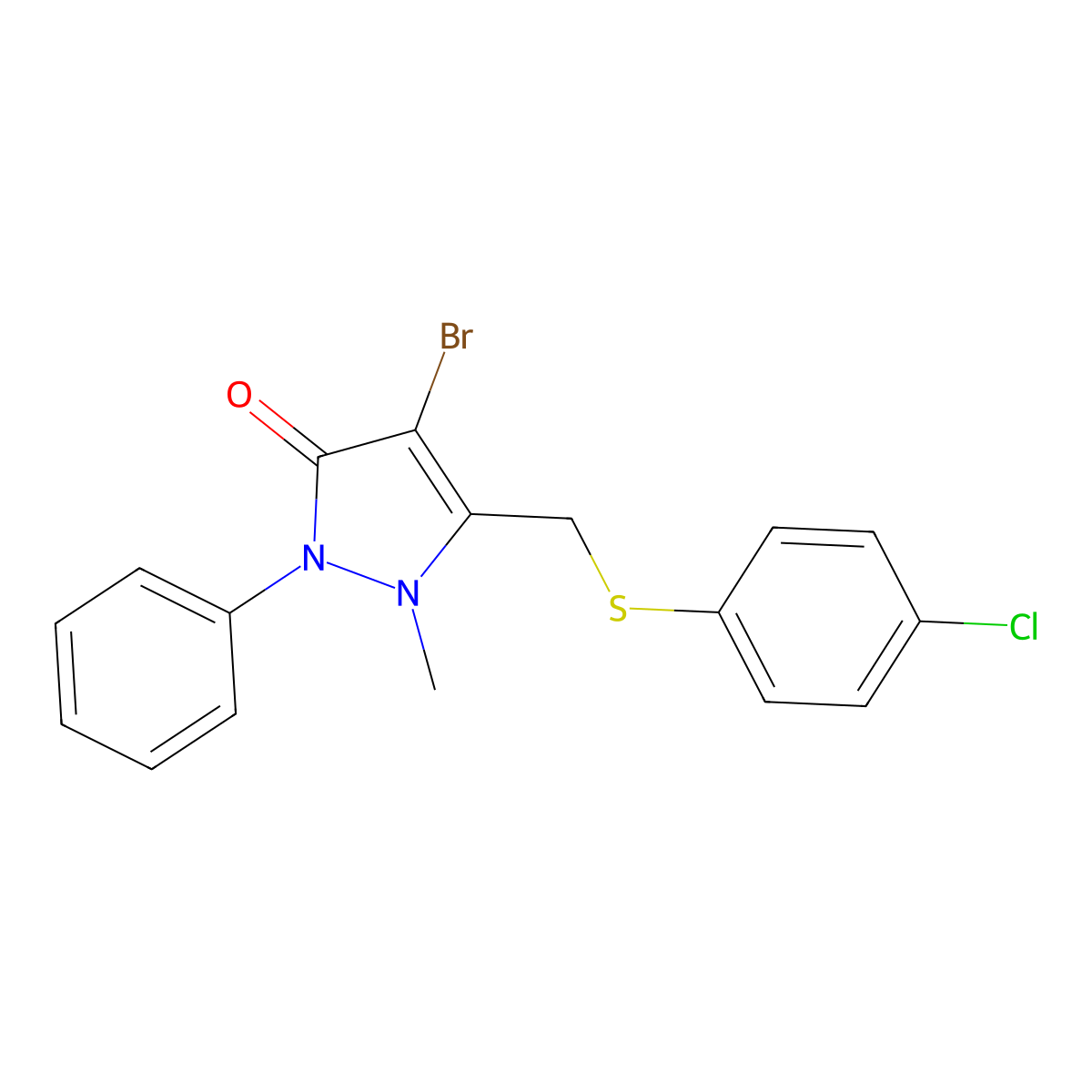 4-Bromo-3-((4-chlorophenylthio)methyl)-2-methyl-1-phenyl-3-pyrazolin-5-one molecular structure, CAS 1022395-72-7