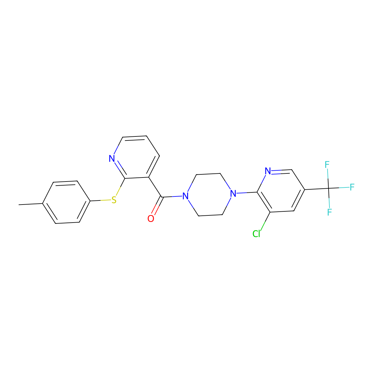 [4-[3-Chloro-5-(trifluoromethyl)pyridin-2-yl]piperazin-1-yl]-[2-(4-methylphenyl)sulfanylpyridin-3-yl]methanone molecular structure, CAS 1022407-10-8
