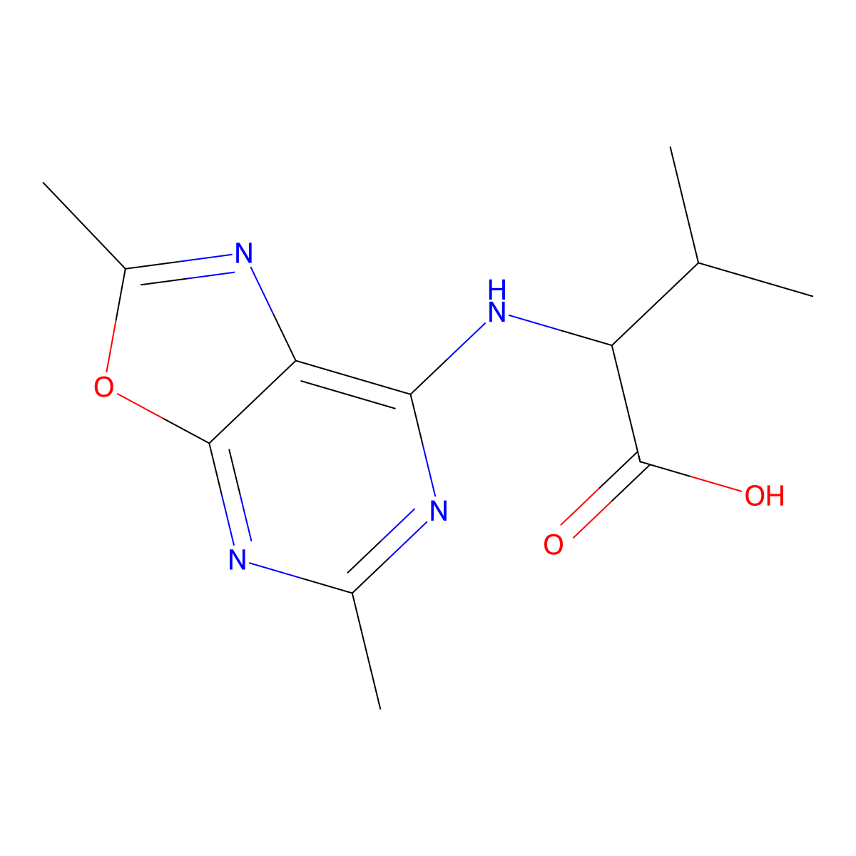Valine, N-(2,5-dimethyloxazolo(5,4-d)pyrimidin-7-yl)-, DL- molecular structure, CAS 102248-97-5