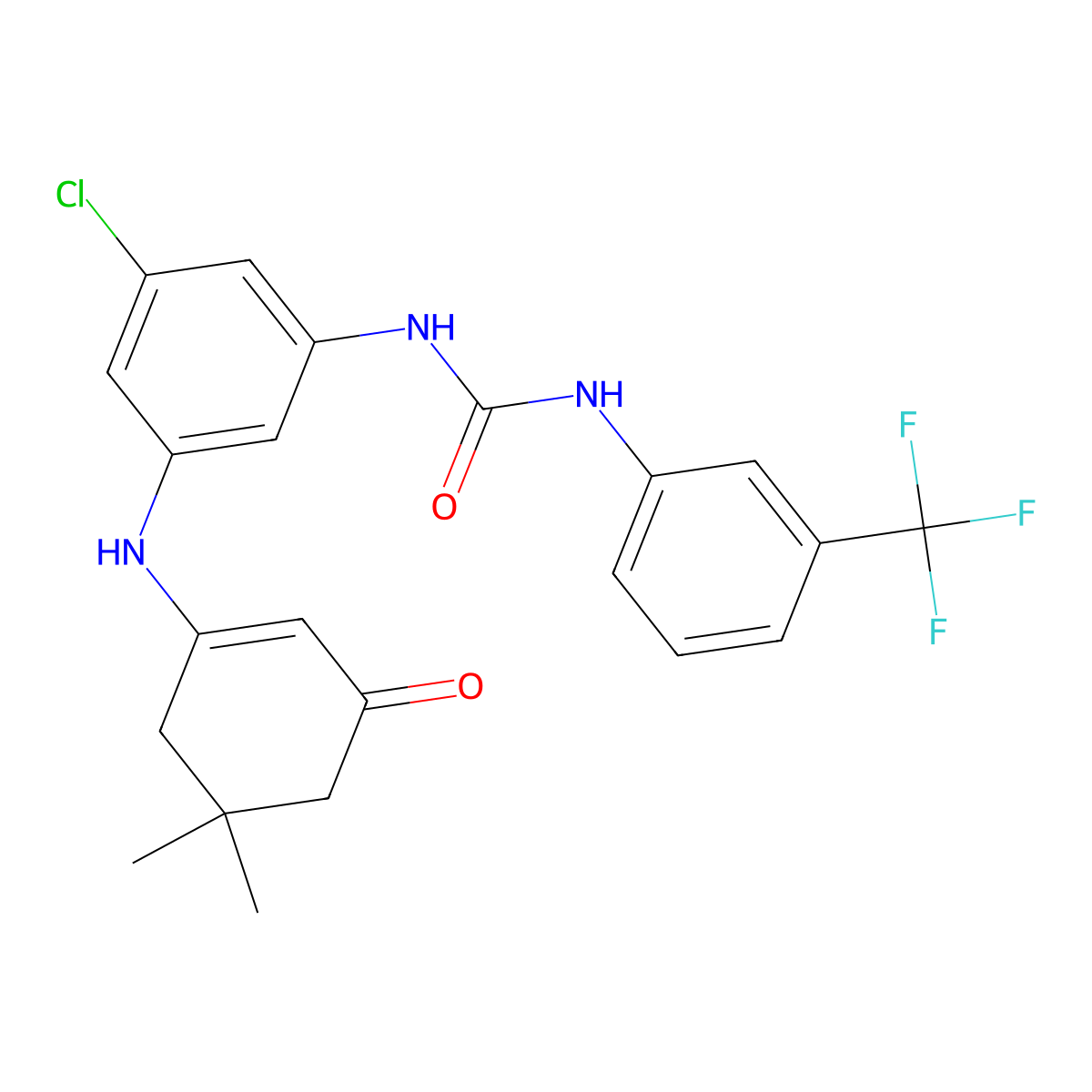 ((3-((5,5-Dimethyl-3-oxocyclohex-1-enyl)amino)-5-chlorophenyl)amino)-N-(3-(trifluoromethyl)phenyl)formamide molecular structure, CAS 1022542-42-2