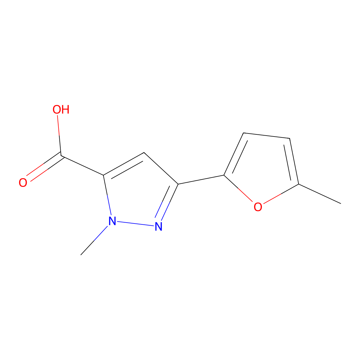 1-Methyl-3-(5-methylfuran-2-yl)-1h-pyrazole-5-carboxylic acid molecular structure, CAS 1022574-97-5