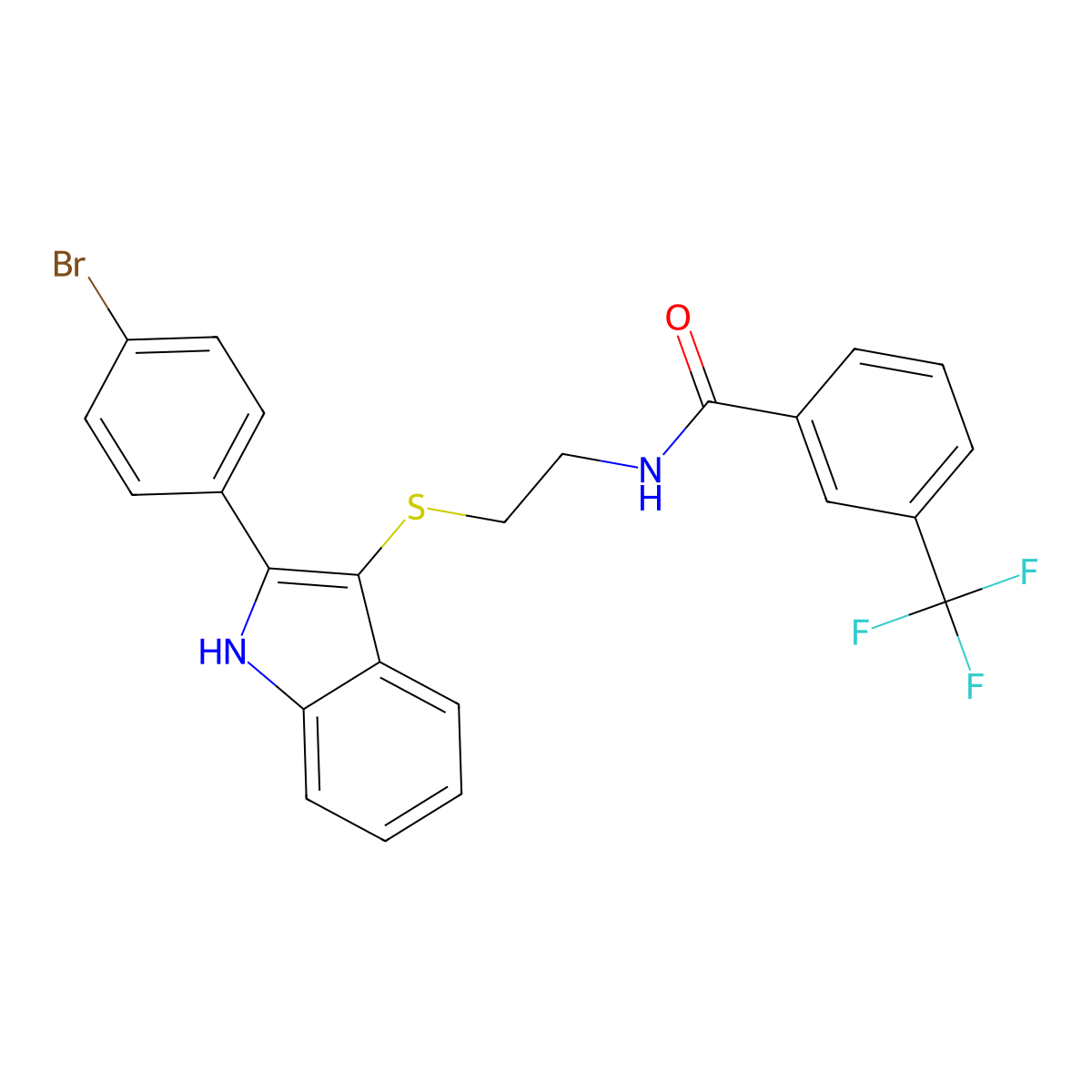 N-[2-[[2-(4-bromophenyl)-1H-indol-3-yl]sulfanyl]ethyl]-3-(trifluoromethyl)benzamide molecular structure, CAS 1022579-52-7