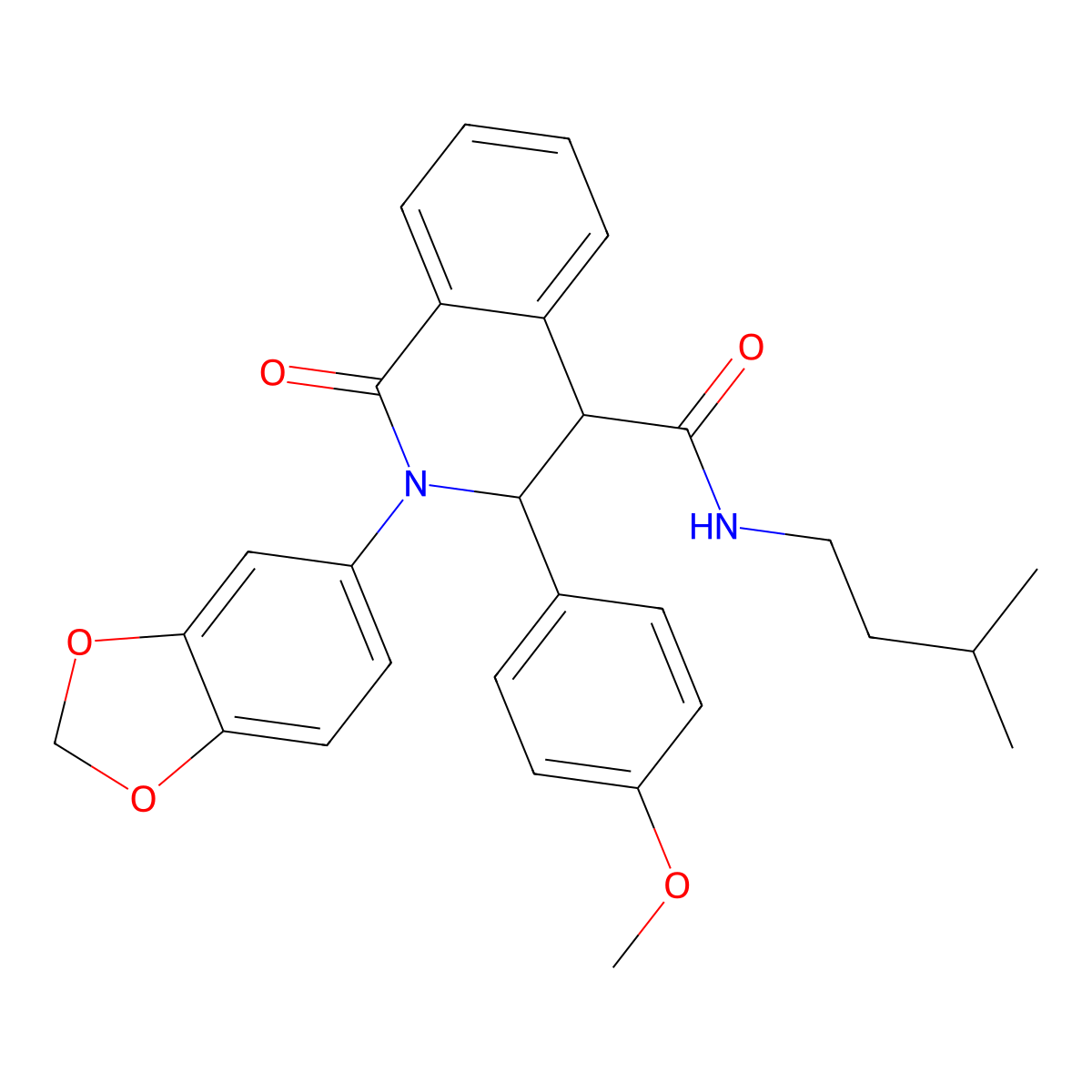 2-(1,3-benzodioxol-5-yl)-3-(4-methoxyphenyl)-N-(3-methylbutyl)-1-oxo-3,4-dihydroisoquinoline-4-carboxamide molecular structure, CAS 1022587-64-9