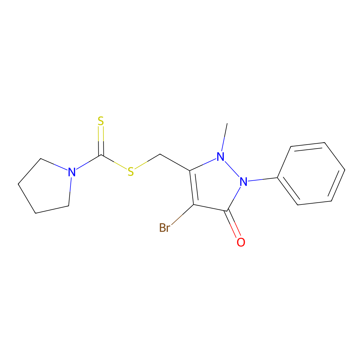 (4-Bromo-2-methyl-5-oxo-1-phenylpyrazol-3-yl)methyl pyrrolidine-1-carbodithioate molecular structure, CAS 1022605-83-9