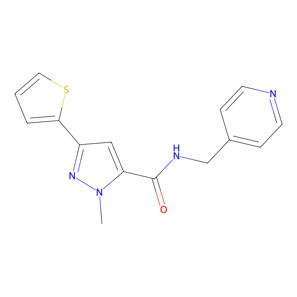 1-methyl-N-(pyridin-4-ylmethyl)-3-(thiophen-2-yl)-1H-pyrazole-5-carboxamide molecular structure, CAS 1022642-71-2