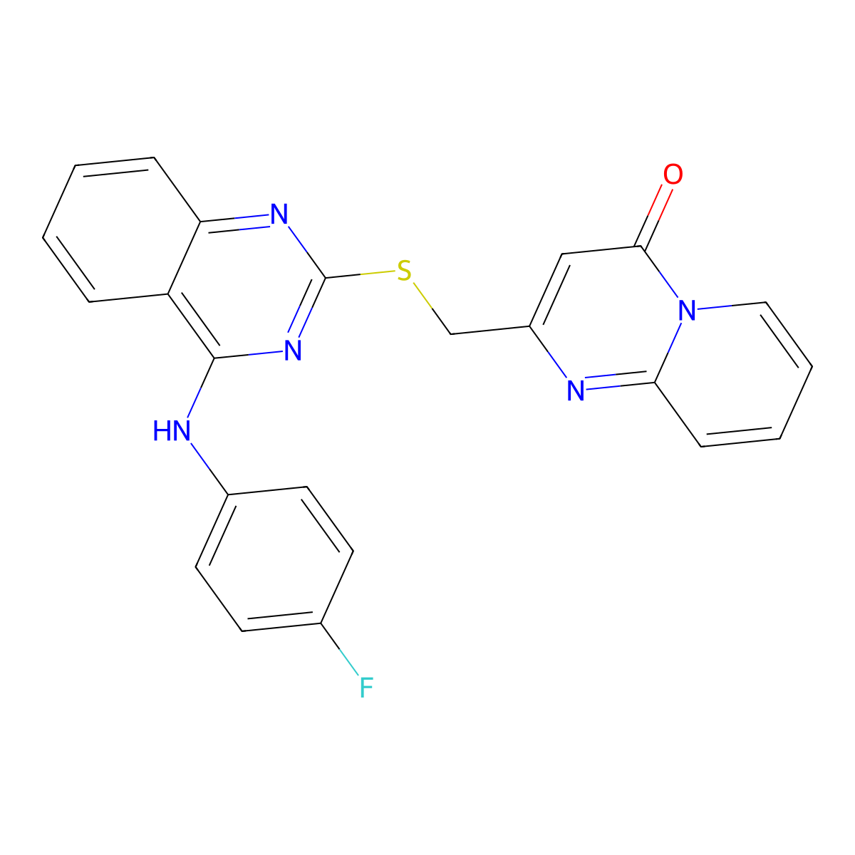 2-[[4-(4-Fluoroanilino)quinazolin-2-yl]sulfanylmethyl]pyrido[1,2-a]pyrimidin-4-one molecular structure, CAS 1022675-44-0