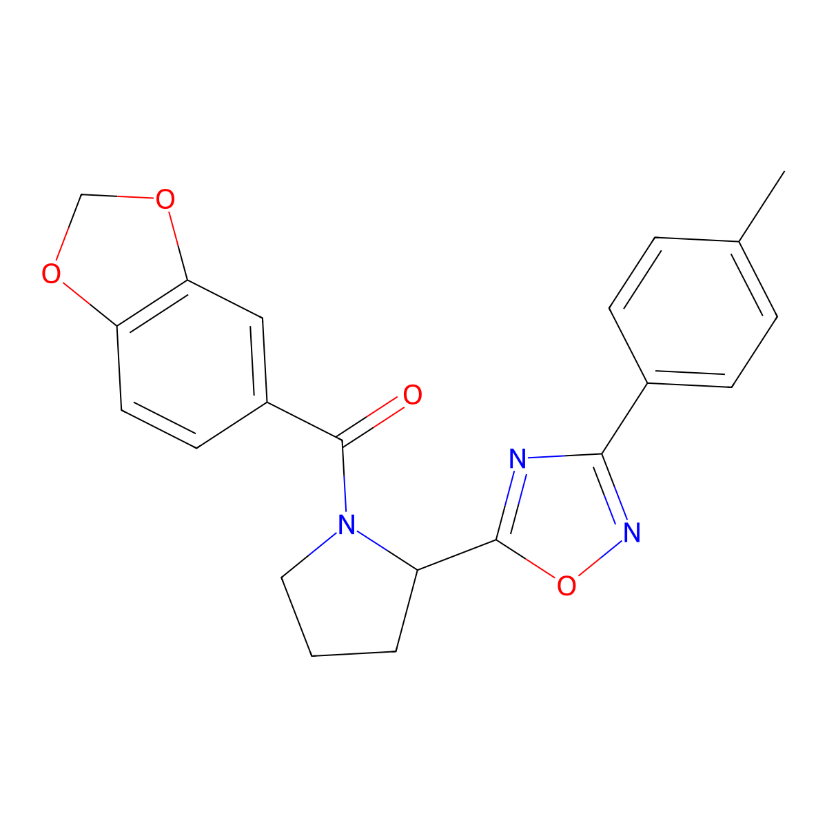 5-[1-(1,3-Benzodioxol-5-ylcarbonyl)pyrrolidin-2-yl]-3-(4-methylphenyl)-1,2,4-oxadiazole molecular structure, CAS 1022686-07-2