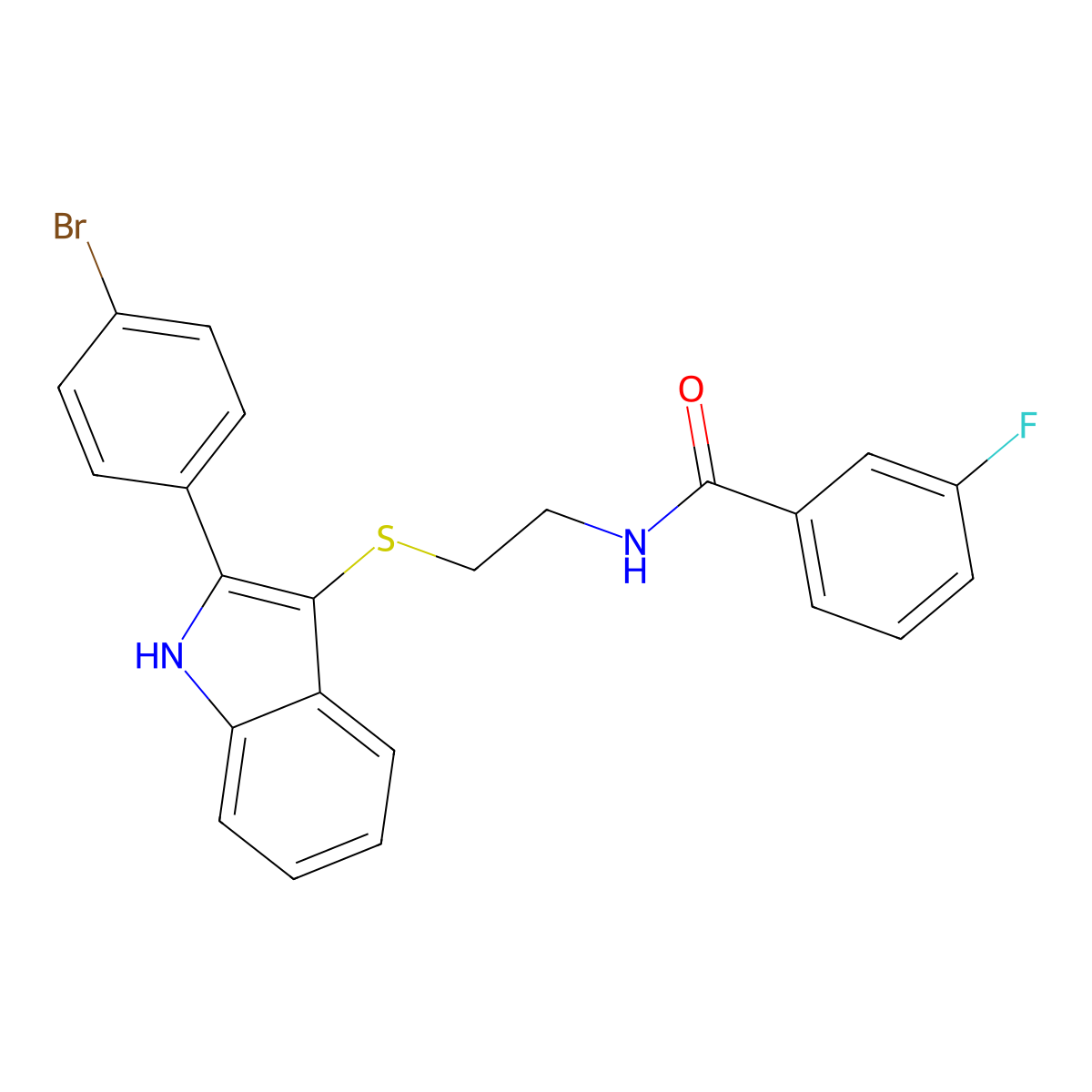 N-(2-((2-(4-bromophenyl)-1H-indol-3-yl)thio)ethyl)-3-fluorobenzamide molecular structure, CAS 1022805-02-2