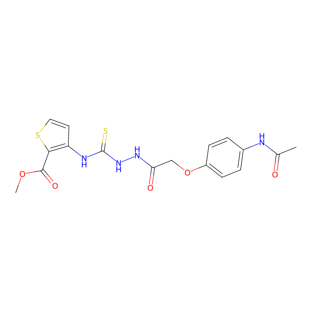 Methyl 3-((((2-(4-(acetylamino)phenoxy)acetylamino)amino)thioxomethyl)amino)thiophene-2-carboxylate molecular structure, CAS 1022891-22-0