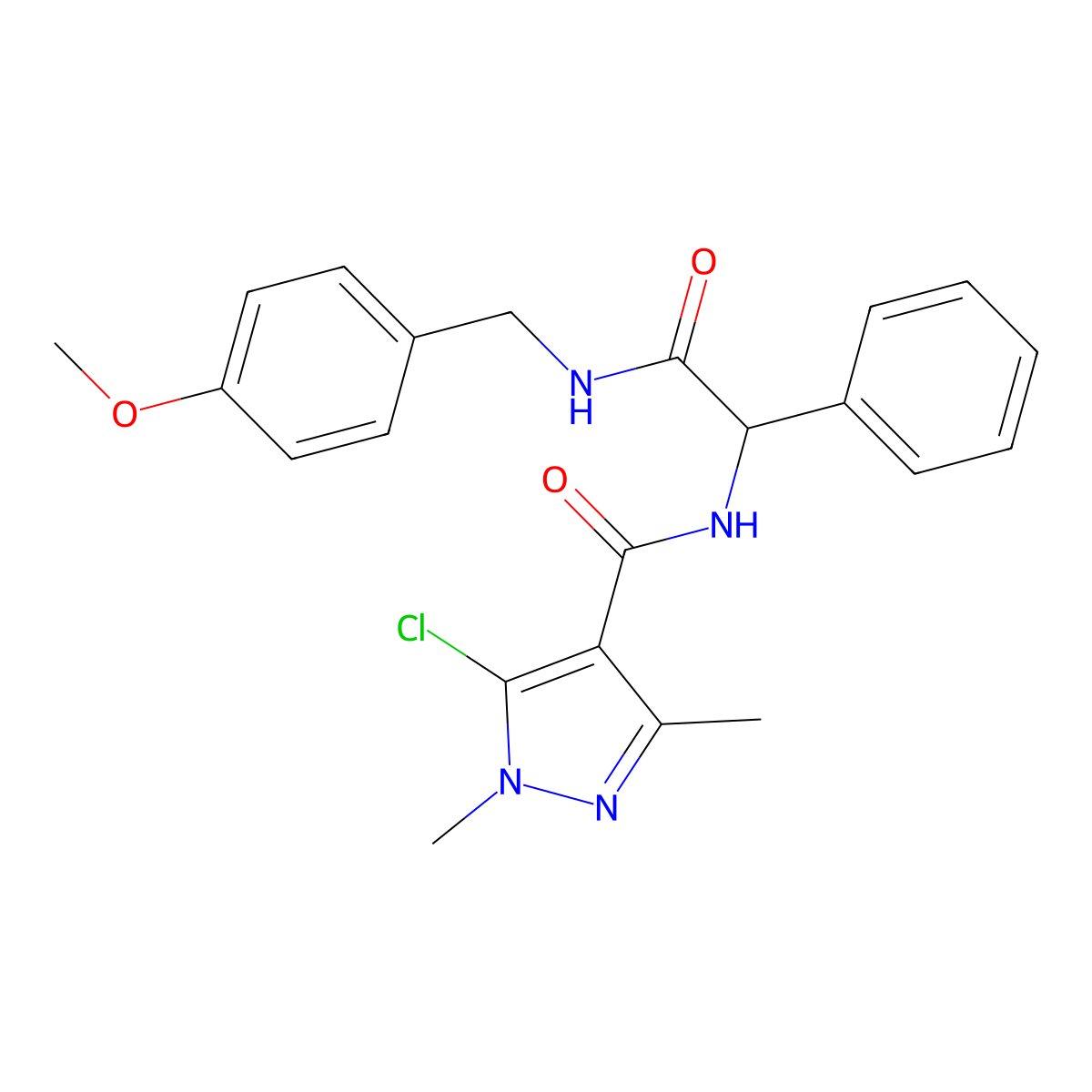 5-chloro-N-{2-[(4-methoxybenzyl)amino]-2-oxo-1-phenylethyl}-1,3-dimethyl-1H-pyrazole-4-carboxamide molecular structure, CAS 1022903-79-2