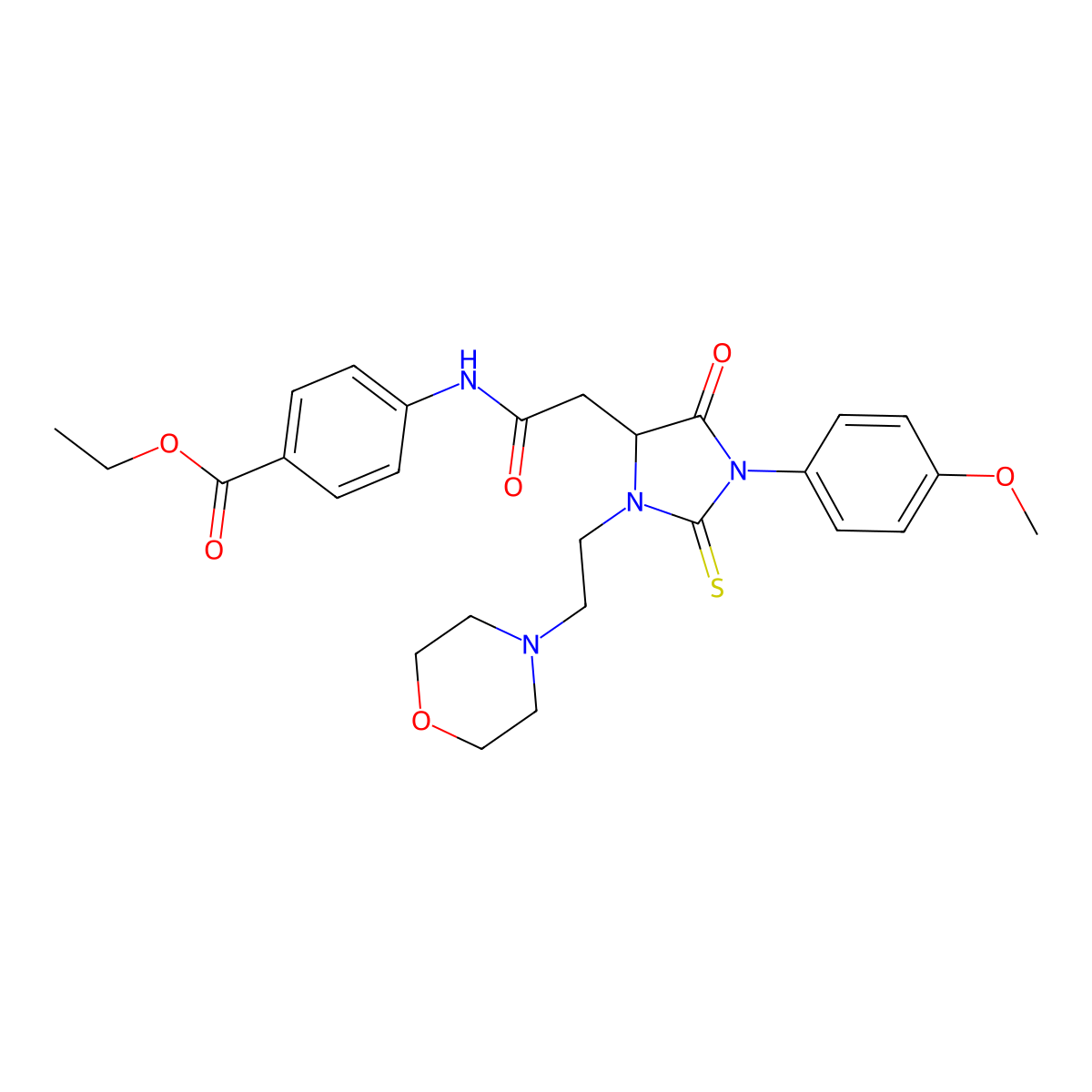 Ethyl 4-[({1-(4-methoxyphenyl)-3-[2-(morpholin-4-yl)ethyl]-5-oxo-2-thioxoimidazolidin-4-yl}acetyl)amino]benzoate molecular structure, CAS 1022904-16-0
