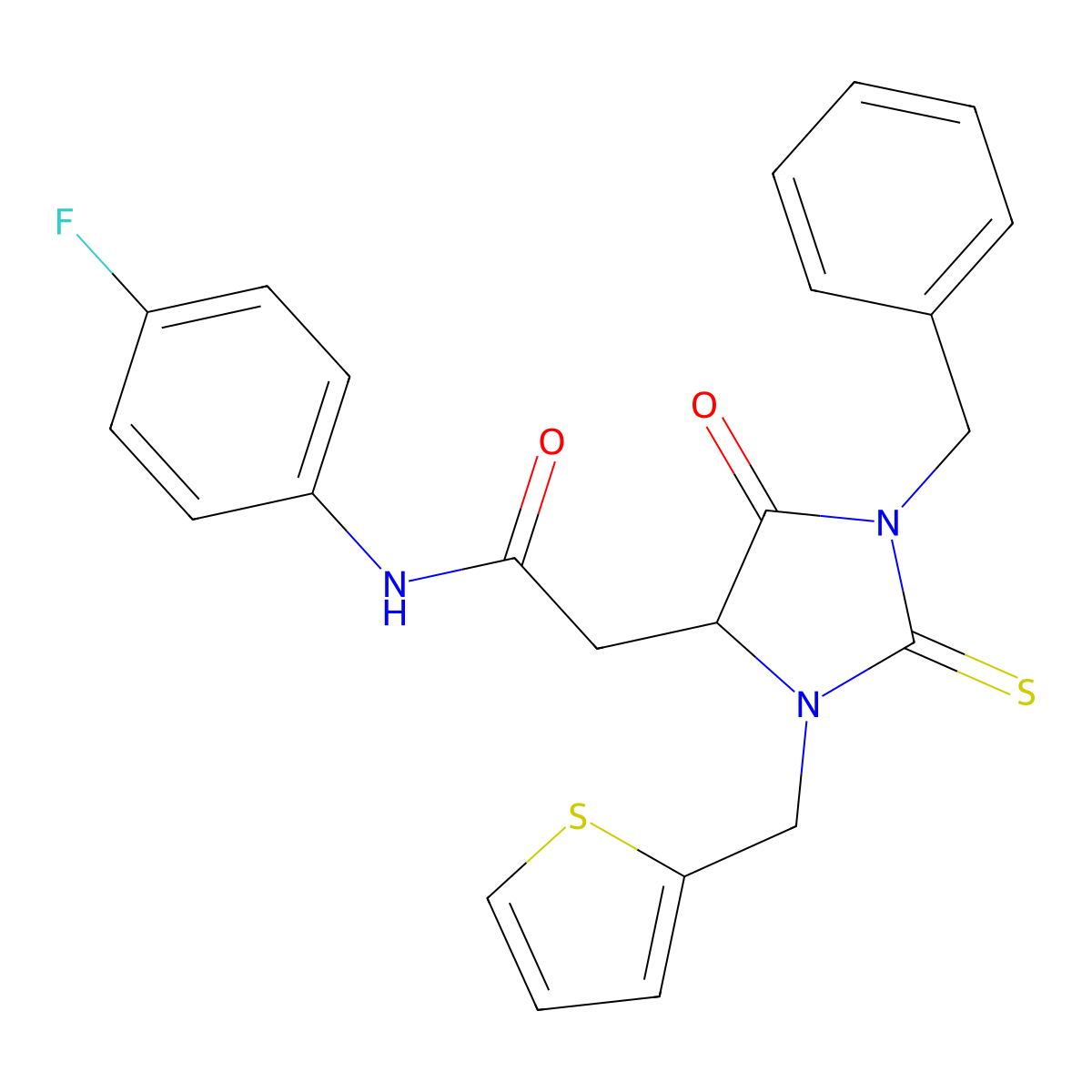 2-[1-benzyl-5-oxo-2-sulfanylidene-3-(thiophen-2-ylmethyl)imidazolidin-4-yl]-N-(4-fluorophenyl)acetamide molecular structure, CAS 1022904-31-9