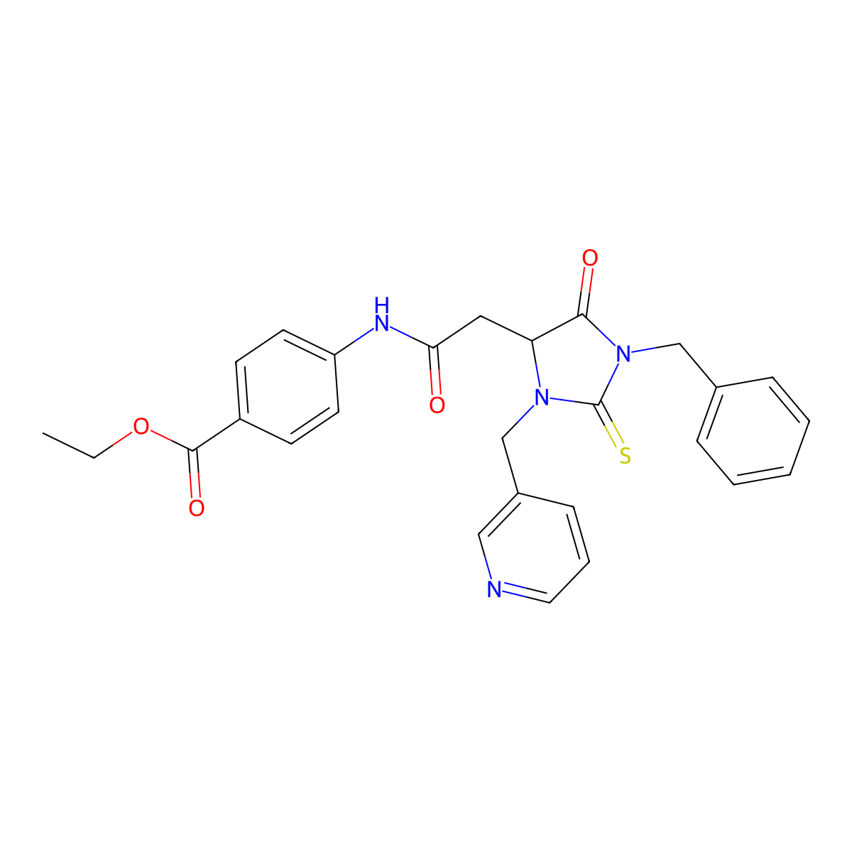 Ethyl 4-({[1-benzyl-5-oxo-3-(pyridin-3-ylmethyl)-2-thioxoimidazolidin-4-yl]acetyl}amino)benzoate molecular structure, CAS 1022917-16-3