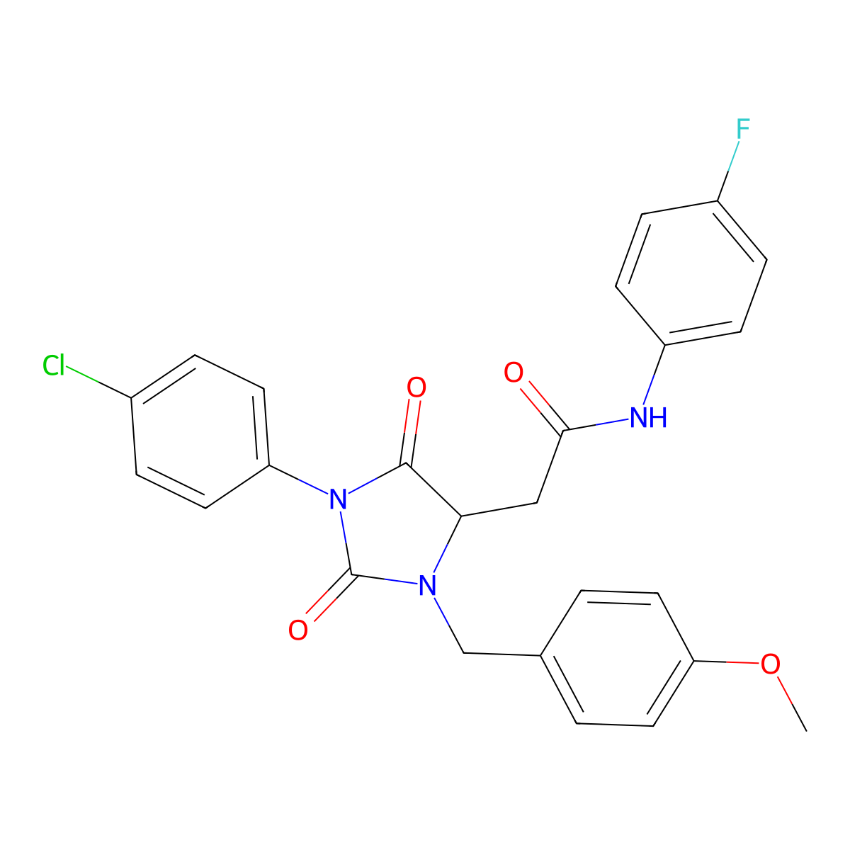 2-[1-(4-chlorophenyl)-3-[(4-methoxyphenyl)methyl]-2,5-dioxoimidazolidin-4-yl]-N-(4-fluorophenyl)acetamide molecular structure, CAS 1022918-33-7